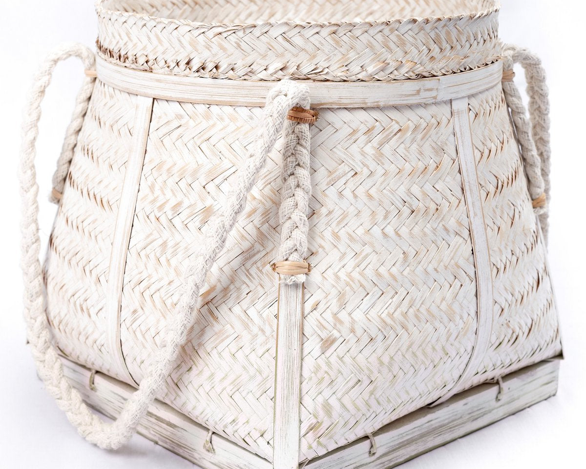 Weißer Korb BIKU | Pflanzenkorb | Wäschekorb | Großer Boho-Aufbewahrungskorb rund aus Bambus - Roo's Gift Shop