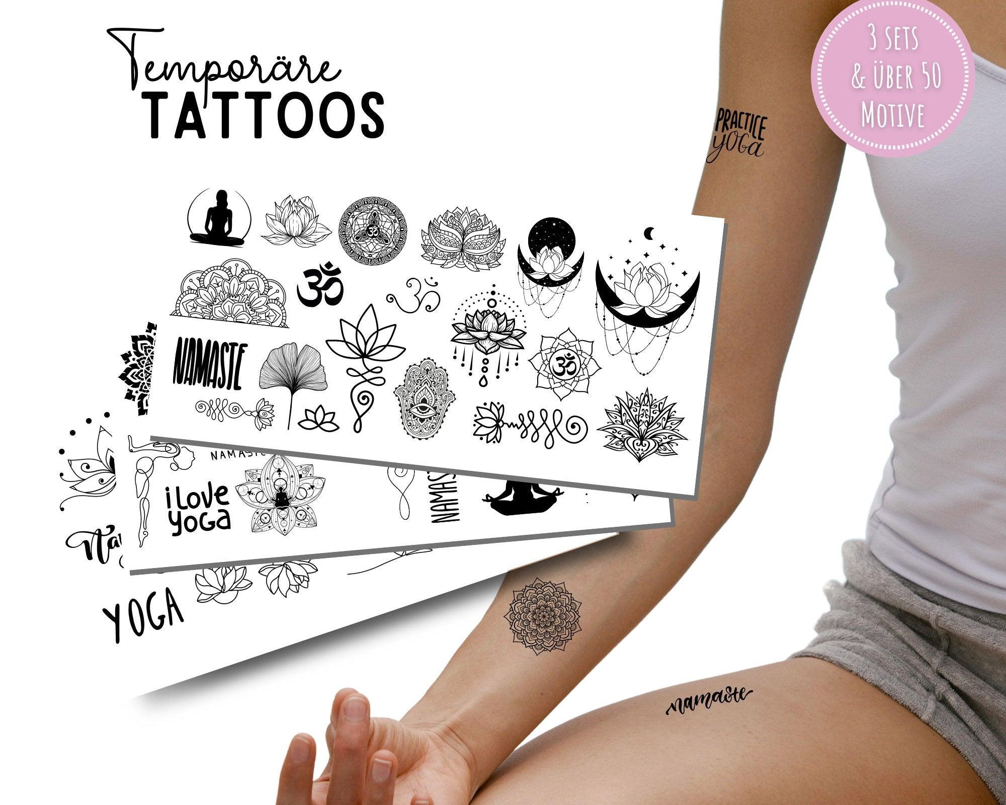 Yoga Tattoos | temporäre Tattoos | 3 Sets | mehr als 50 Motive | Lotusblüte Namasté - Roo's Gift Shop