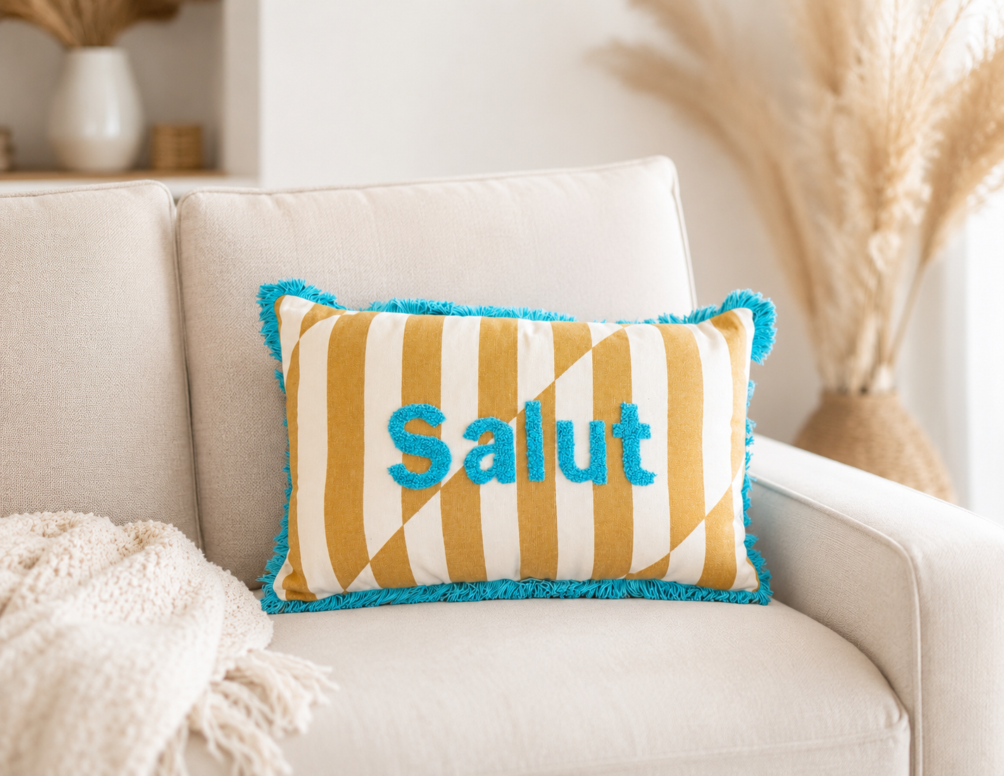 Kissen Salut 50x30 cm | gestreiftes Dekokissen mit Stickerei | Boho Kissen bunt | Zierkissen Baumwolle | Geschenkidee (Kopie) Roo's Gift Shop