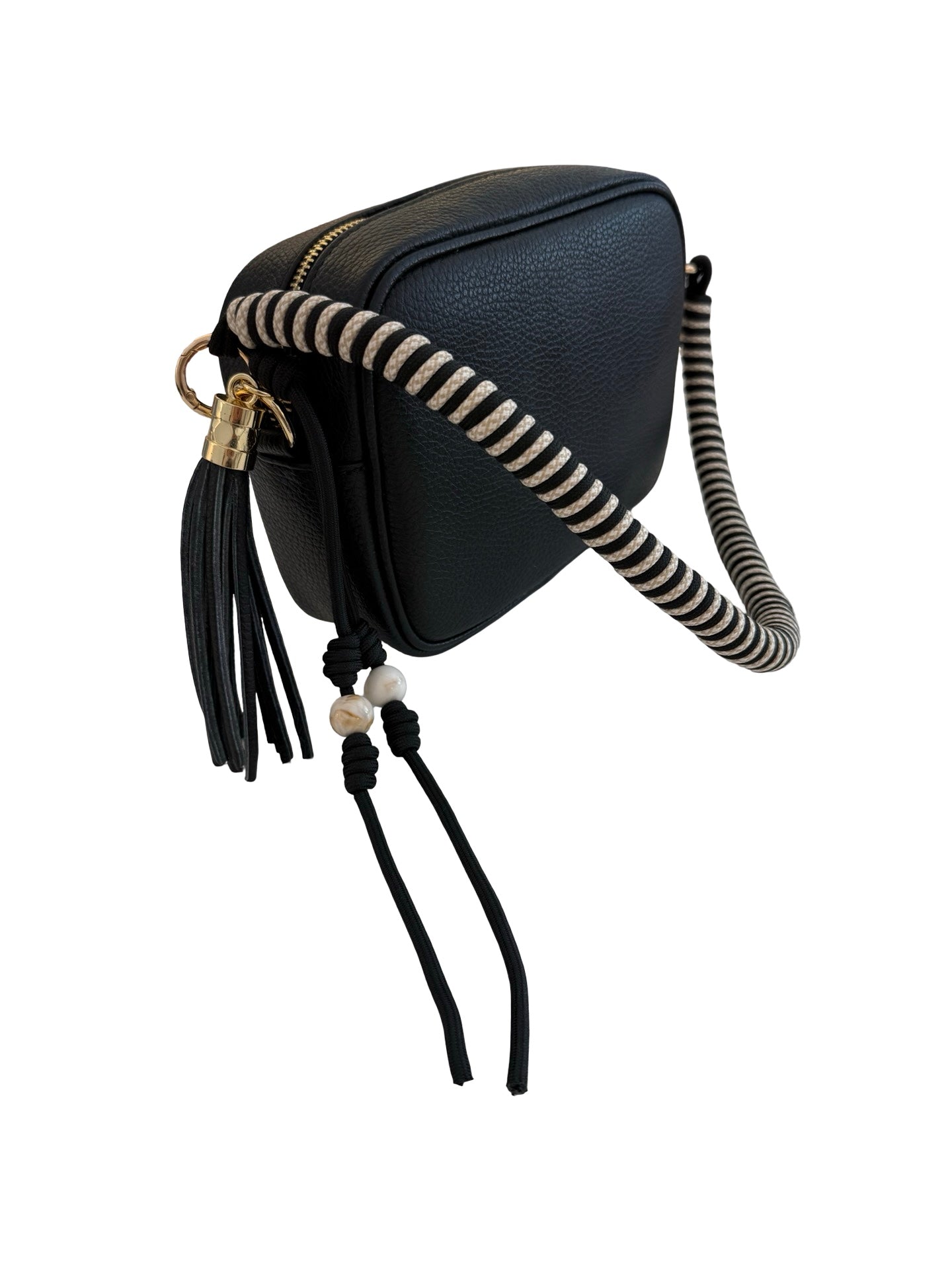 Schwarze Crossbody Tasche mit gestreiftem Schulterriemen – Stylische Boho Umhängetasche mit Quaste & Gold Details | Saint Tropez Chic Bag Roo's Gift Shop