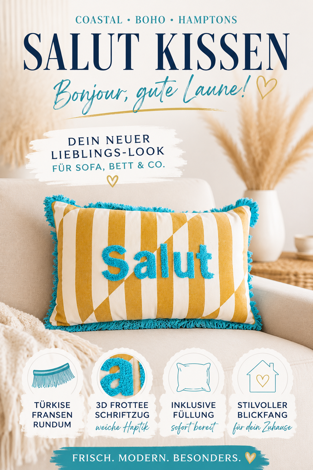 Kissen Salut 50x30 cm | gestreiftes Dekokissen mit Frottier Buchstaben | Boho Kissen | Zierkissen Coastal Chic inkl. Füllung Roo's Gift Shop