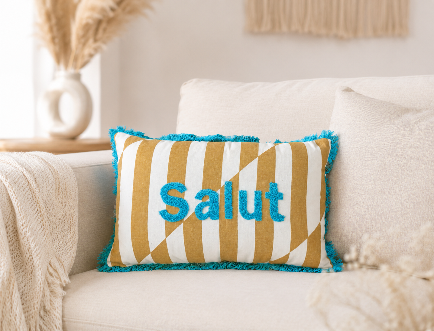 Kissen Salut 50x30 cm | gestreiftes Dekokissen mit Stickerei | Boho Kissen bunt | Zierkissen Baumwolle | Geschenkidee (Kopie) Roo's Gift Shop