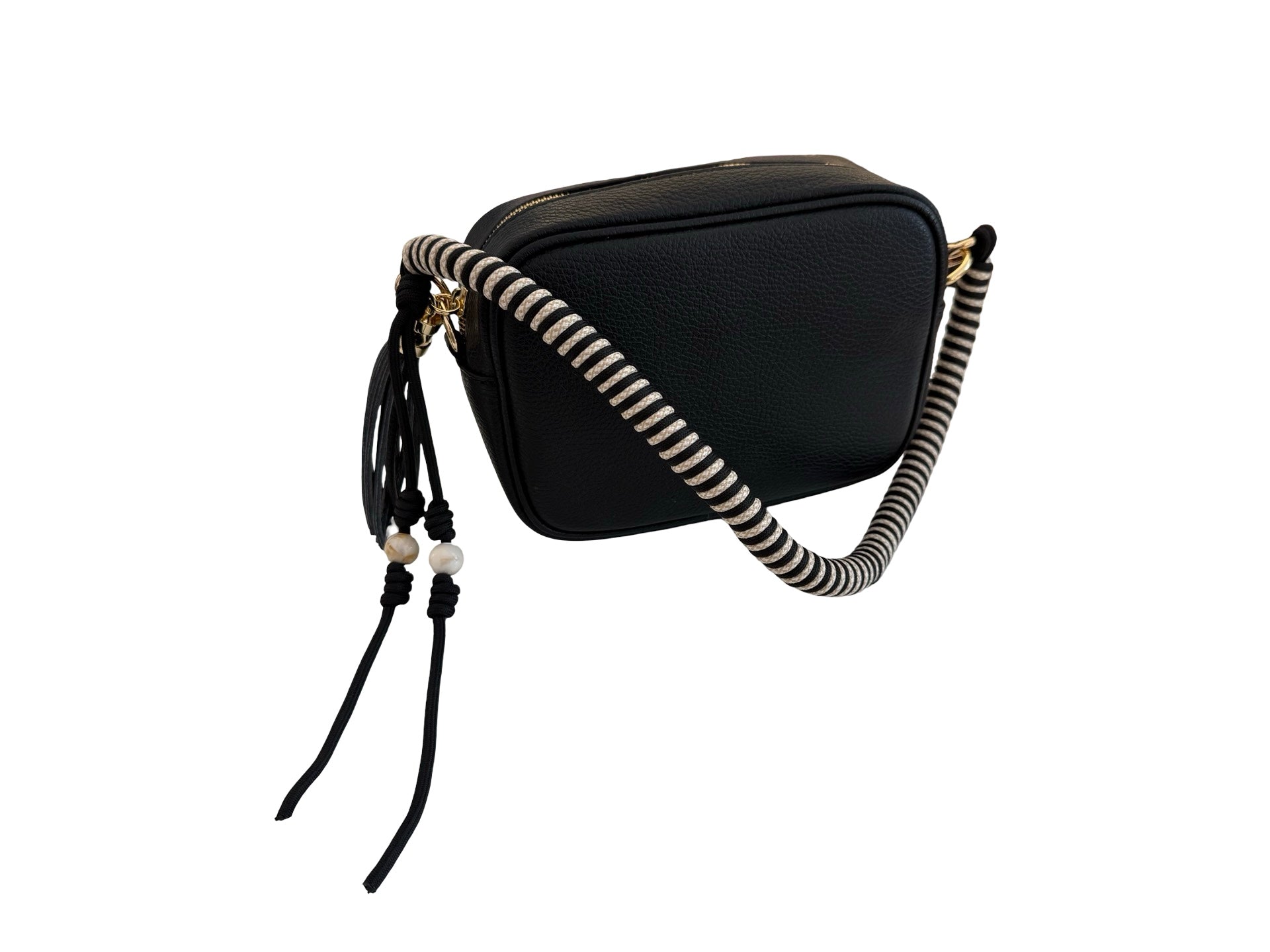 Schwarze Crossbody Tasche mit gestreiftem Schulterriemen – Stylische Boho Umhängetasche mit Quaste & Gold Details | Saint Tropez Chic Bag Roo's Gift Shop