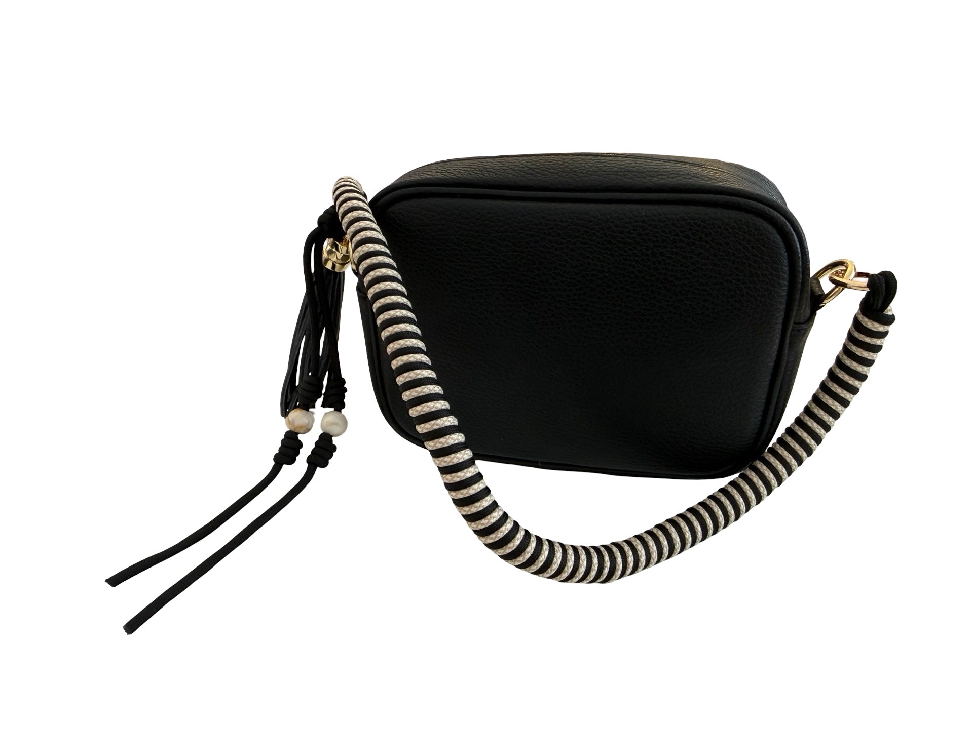 Schwarze Crossbody Tasche mit gestreiftem Schulterriemen – Stylische Boho Umhängetasche mit Quaste & Gold Details | Saint Tropez Chic Bag Roo's Gift Shop