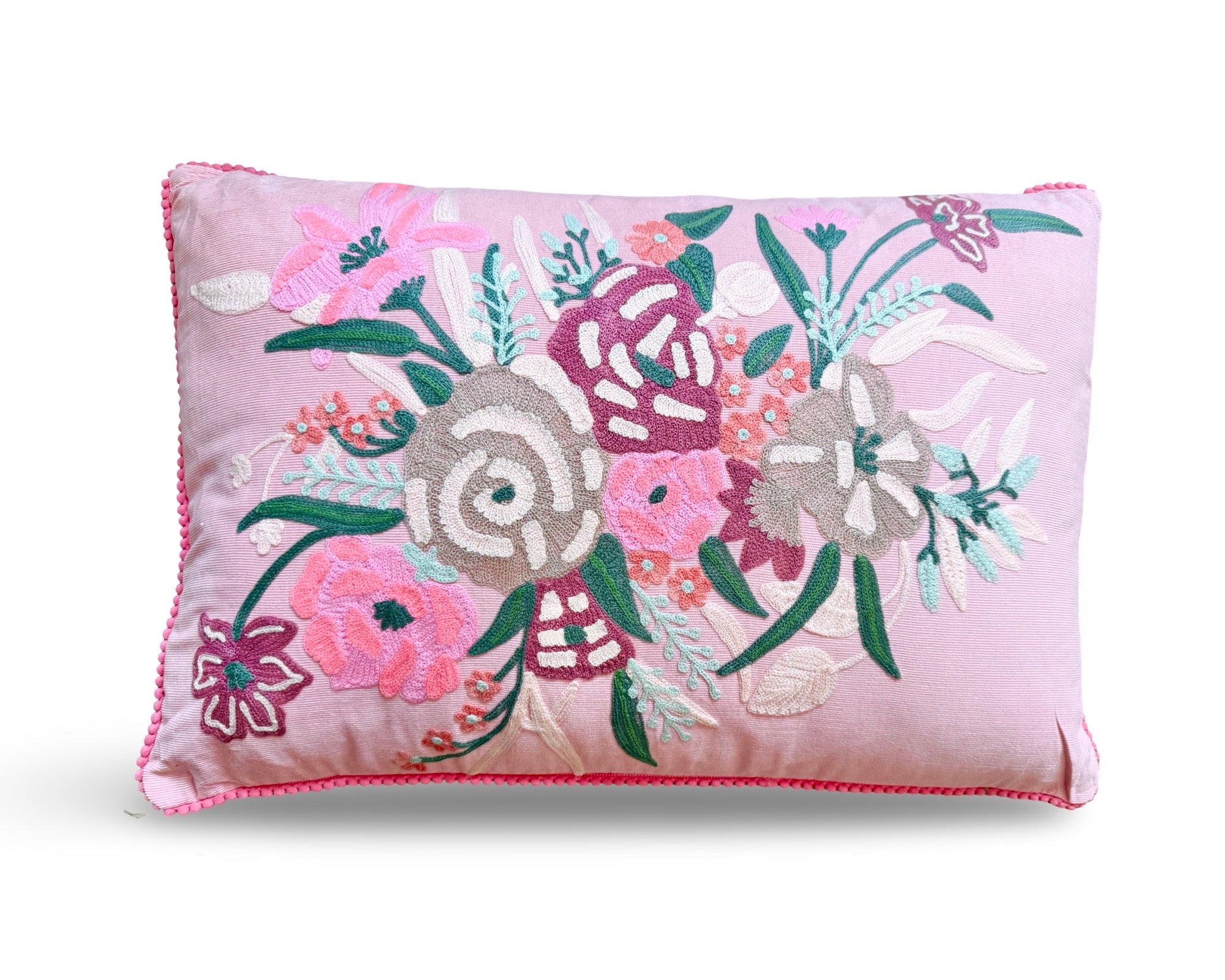 Besticktes Kissen rosa 50x30 cm | florales Dekokissen mit Stickerei | Boho Kissen bunt | Zierkissen Baumwolle | Geschenkidee Roo's Gift Shop