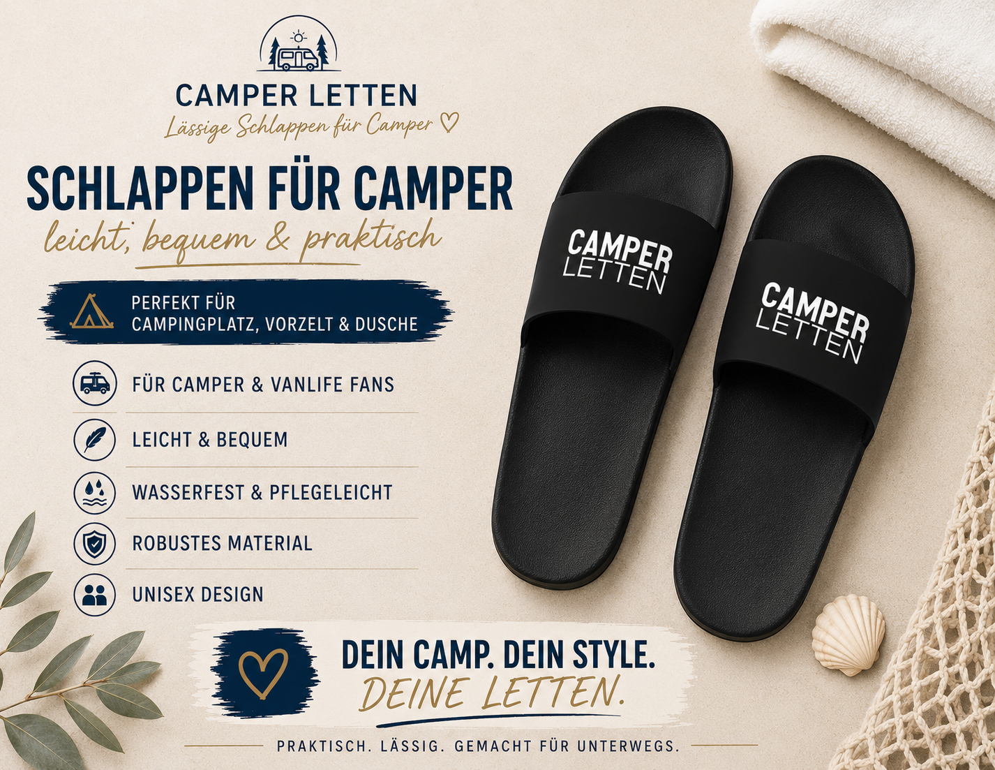 Camper Letten | Badelatschen für Campingplatz und Urlaub | schwarze Schlappen für Camper, Badeschuhe für Dusche, Strand, Schwimmbad | unisex Printegy