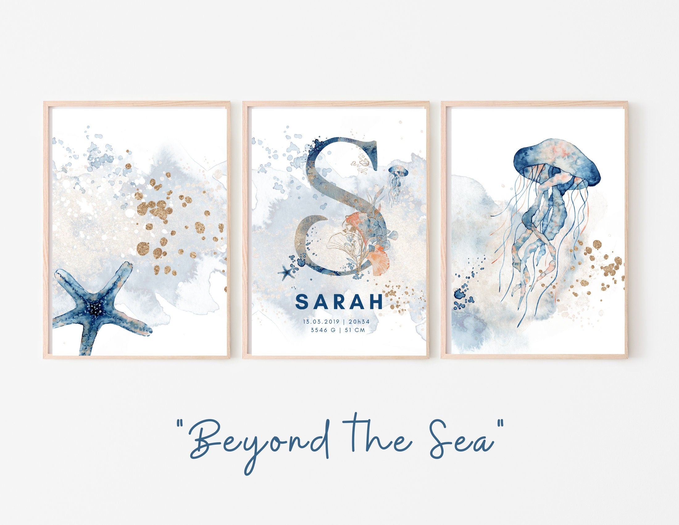 Geburtsposter im 3er-Set | Taufgeschenk | Maritim | Unterwasser | Buchstabe | Aquarell | Tierbild | Bild fürs Baby Kinderzimmer | blau gold