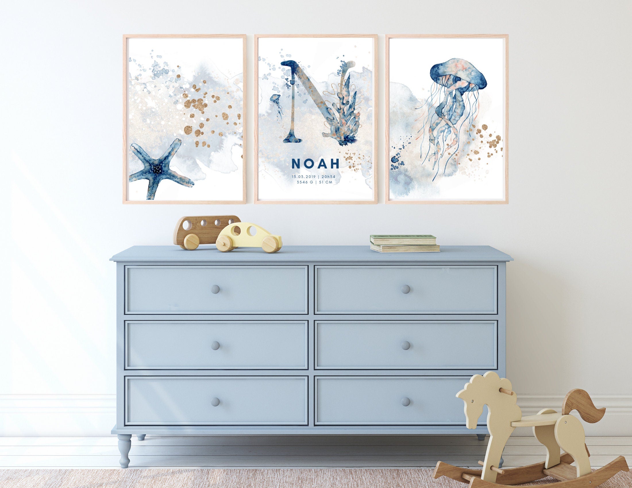 Geburtsposter im 3er-Set | Taufgeschenk | Maritim | Unterwasser | Buchstabe | Aquarell | Tierbild | Bild fürs Baby Kinderzimmer | blau gold