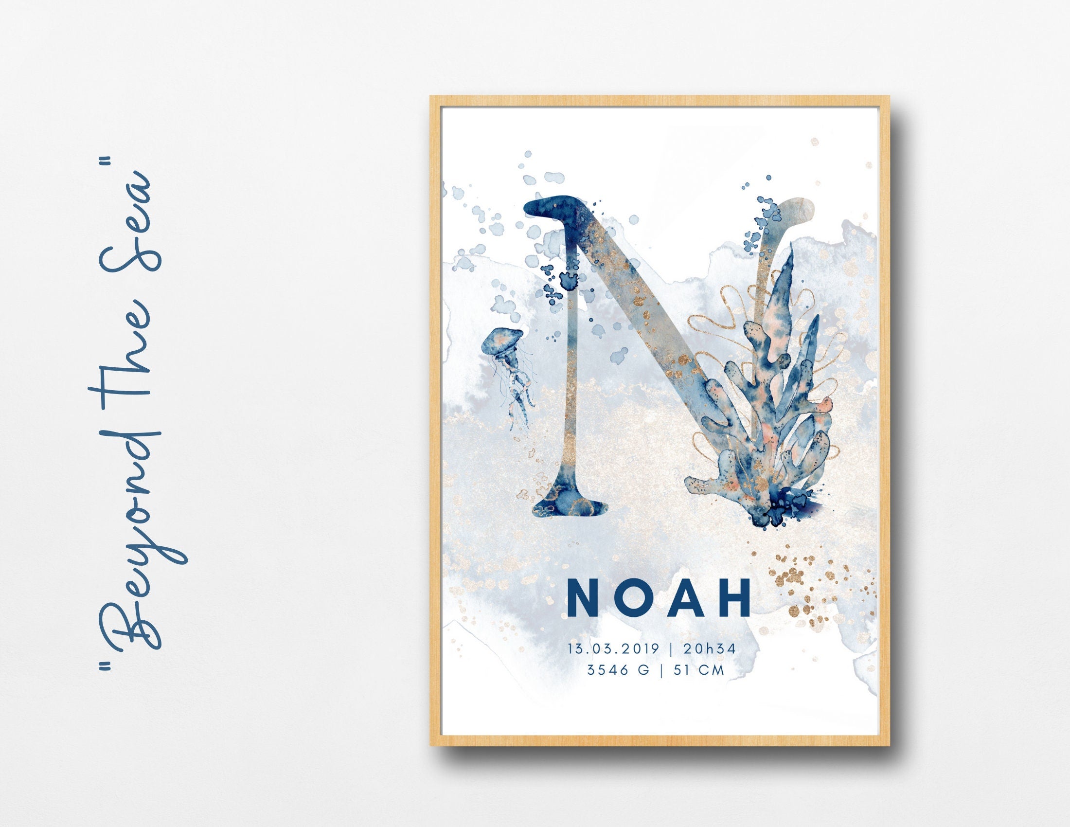 Geburtsposter im 3er-Set | Taufgeschenk | Maritim | Unterwasser | Buchstabe | Aquarell | Tierbild | Bild fürs Baby Kinderzimmer | blau gold