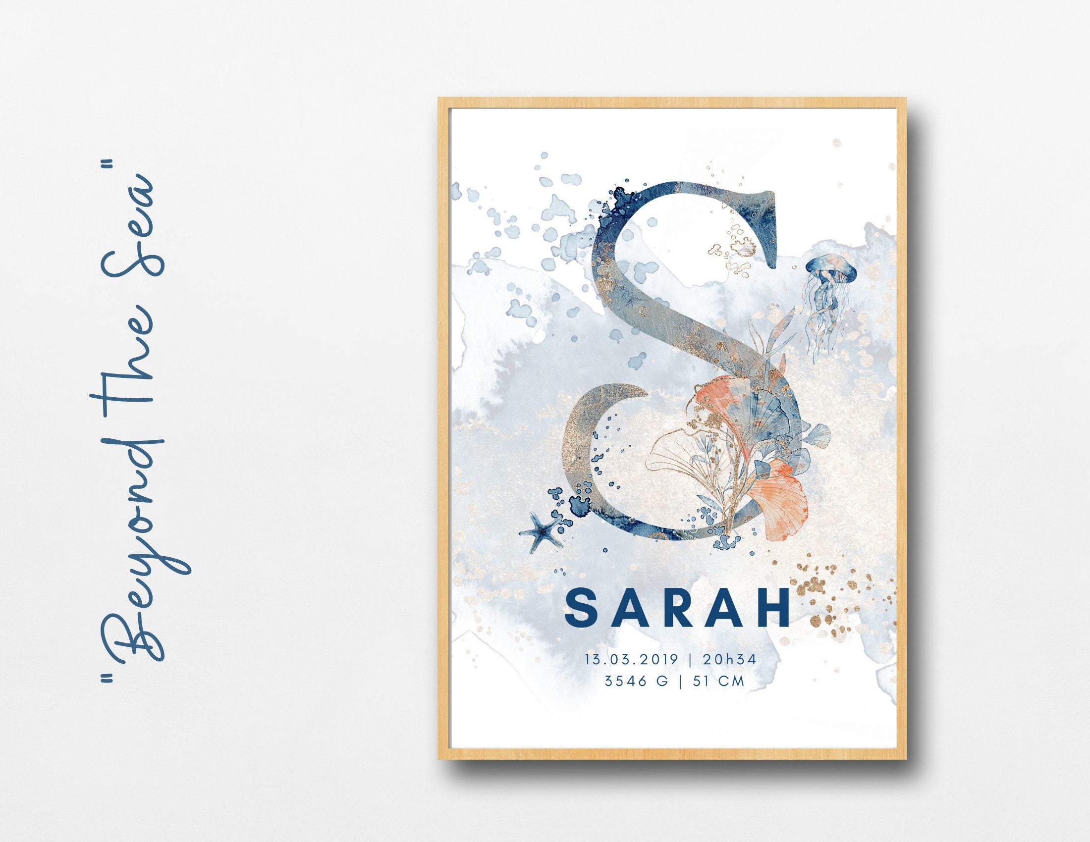 Geburtsposter im 3er-Set | Taufgeschenk | Maritim | Unterwasser | Buchstabe | Aquarell | Tierbild | Bild fürs Baby Kinderzimmer | blau gold
