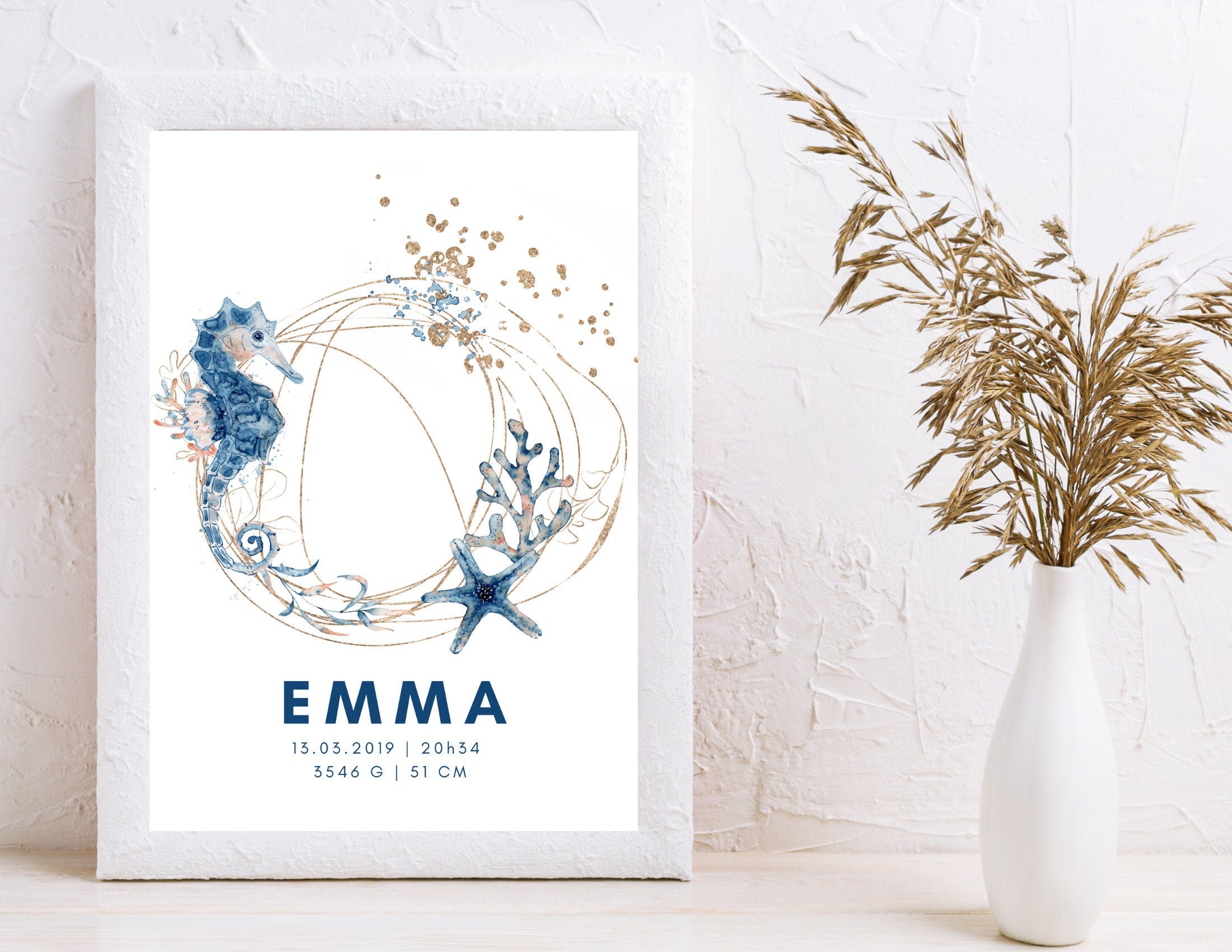 Geburtsposter Name Kind | Taufgeschenk | Individualisierter Print | Oktopus Seepferd Aquarell | Tierbild | Bild Baby Kinderzimmer blau gold