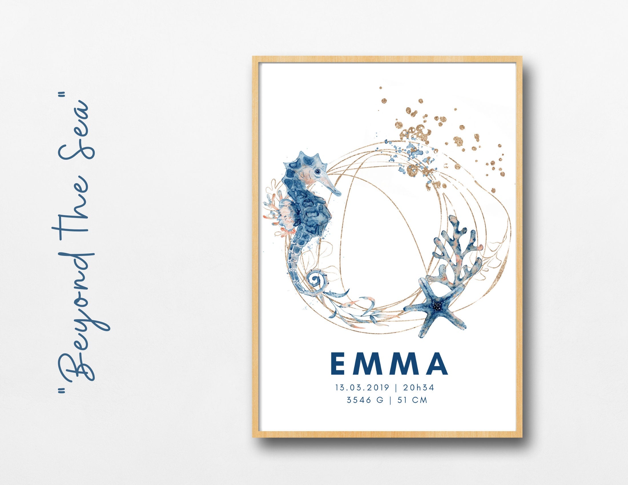 Geburtsposter Name Kind | Taufgeschenk | Individualisierter Print | Oktopus Seepferd Aquarell | Tierbild | Bild Baby Kinderzimmer blau gold