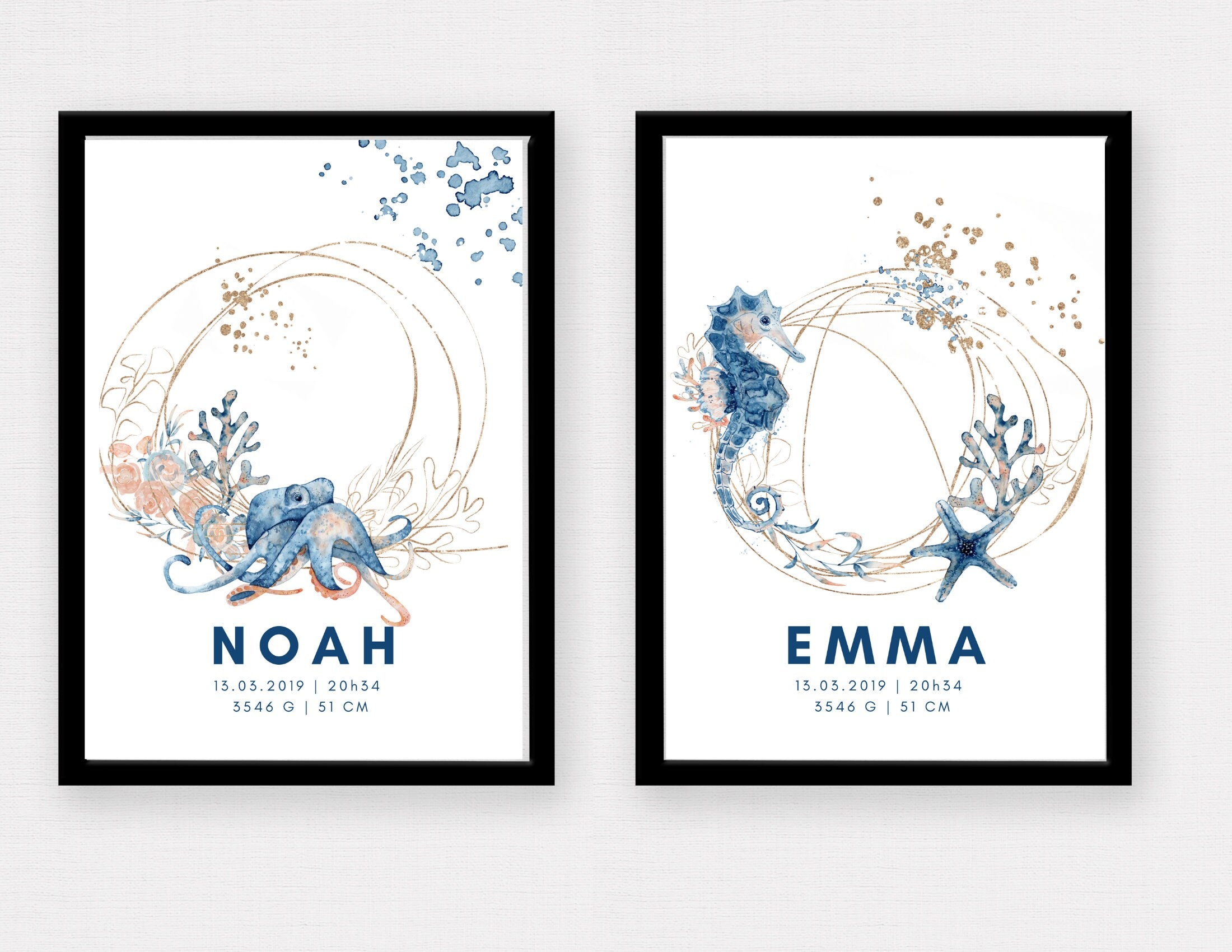 Geburtsposter Name Kind | Taufgeschenk | Individualisierter Print | Oktopus Seepferd Aquarell | Tierbild | Bild Baby Kinderzimmer blau gold