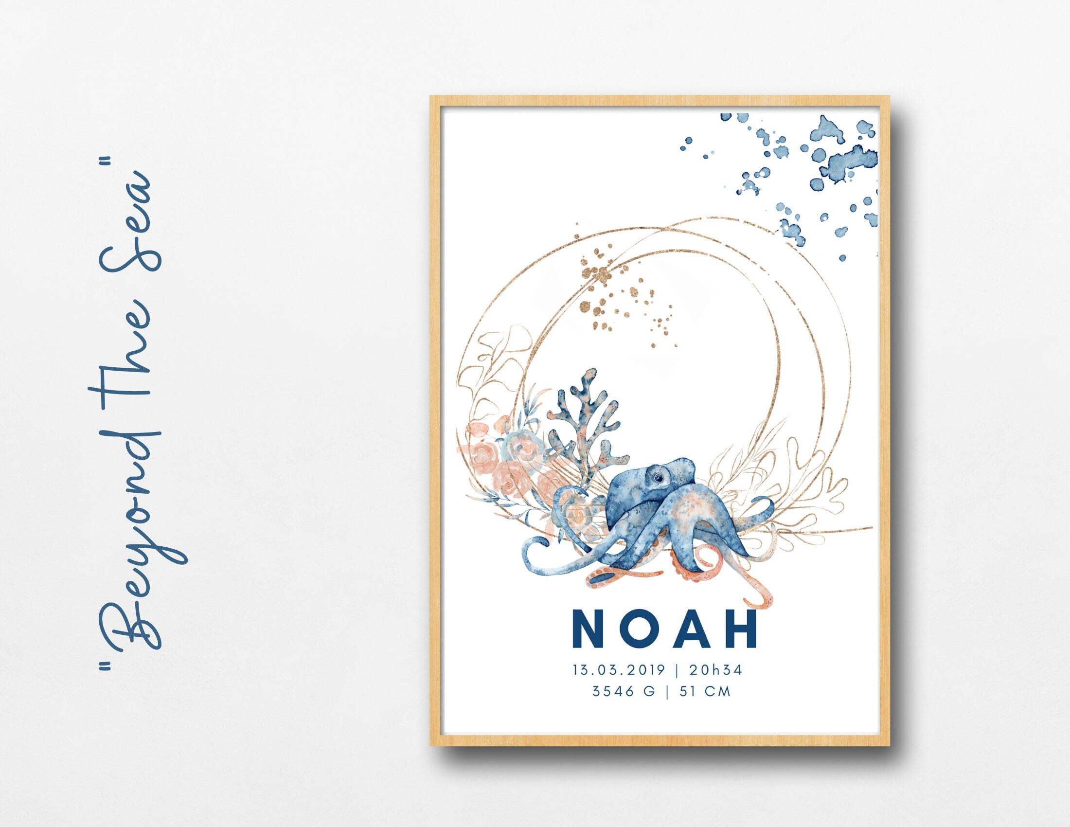 Geburtsposter Name Kind | Taufgeschenk | Individualisierter Print | Oktopus Seepferd Aquarell | Tierbild | Bild Baby Kinderzimmer blau gold