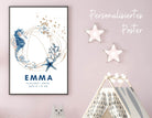 Geburtsposter Name Kind | Taufgeschenk | Individualisierter Print | Oktopus Seepferd Aquarell | Tierbild | Bild Baby Kinderzimmer blau gold