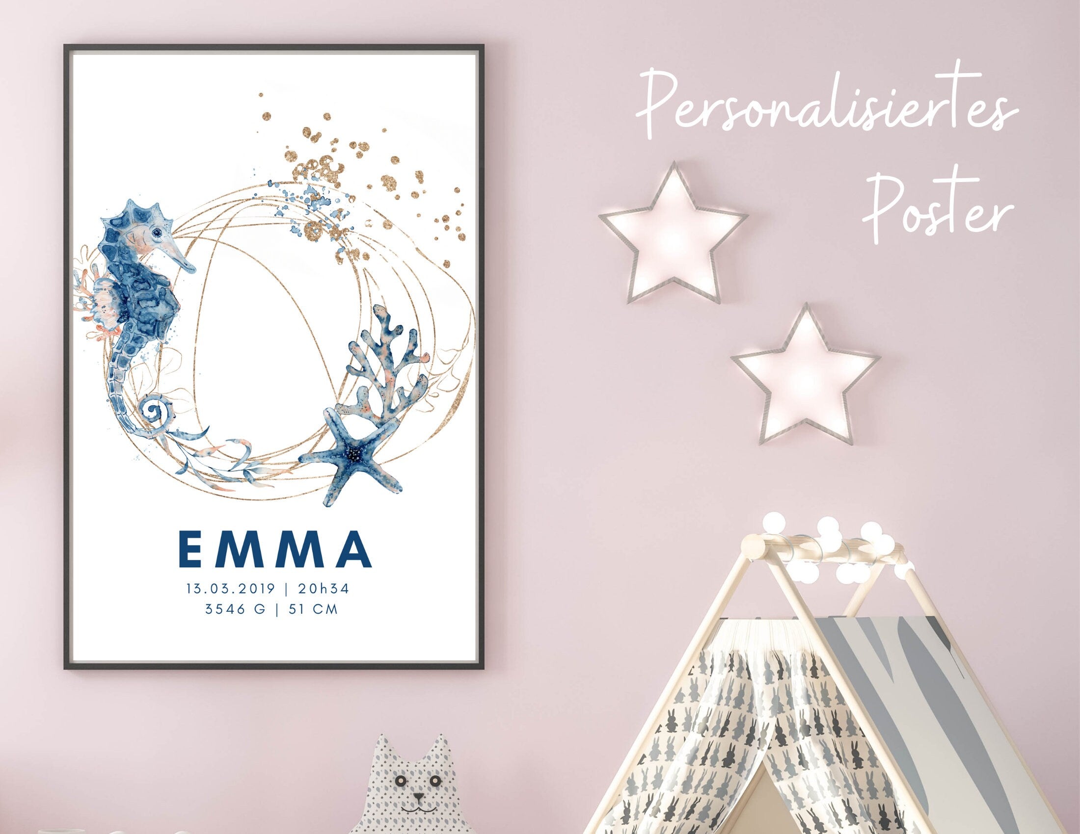 Geburtsposter Name Kind | Taufgeschenk | Individualisierter Print | Oktopus Seepferd Aquarell | Tierbild | Bild Baby Kinderzimmer blau gold