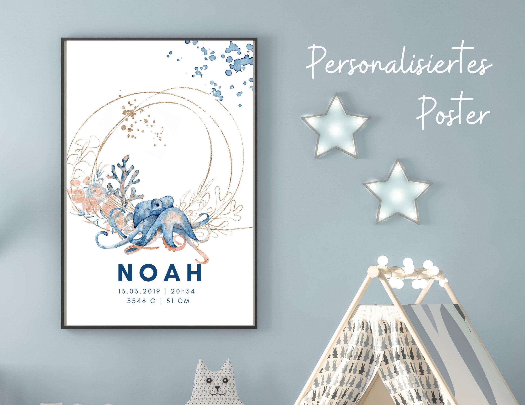 Geburtsposter Name Kind | Taufgeschenk | Individualisierter Print | Oktopus Seepferd Aquarell | Tierbild | Bild Baby Kinderzimmer blau gold