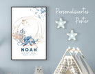 Geburtsposter Name Kind | Taufgeschenk | Individualisierter Print | Oktopus Seepferd Aquarell | Tierbild | Bild Baby Kinderzimmer blau gold