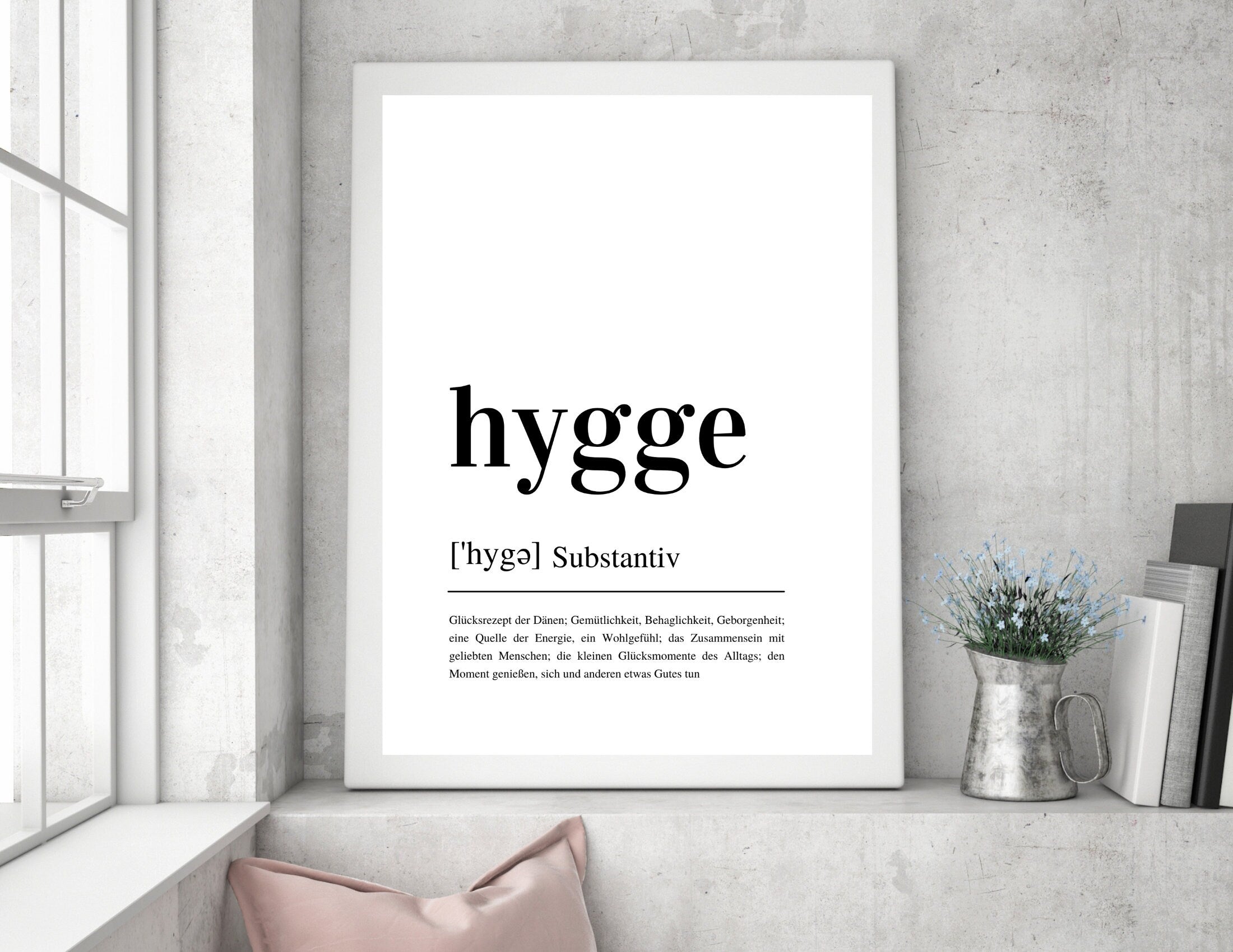 Design Poster | HYGGE | Definition | Digital Print | Typo Bild | gerahmter Kunstdruck | Duden Lautschrift | Gemütlichkeit | Happy | Rahmen