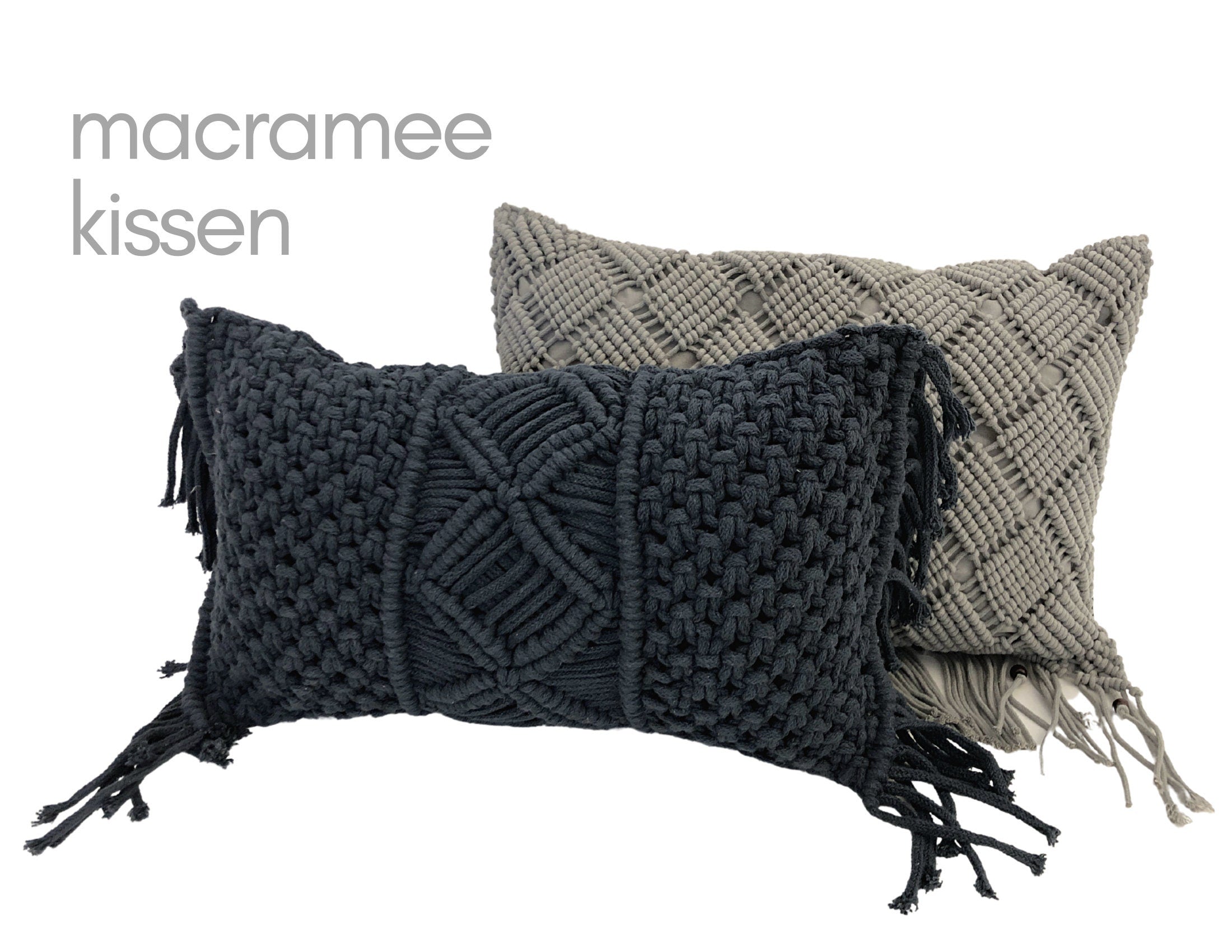 Kissen | Makramee Kissen | Boho Kissen hellgrau anthrazit | Querformat 30 x50 | geknüpt | Fransen | Perlen Macramee | mit Füllung