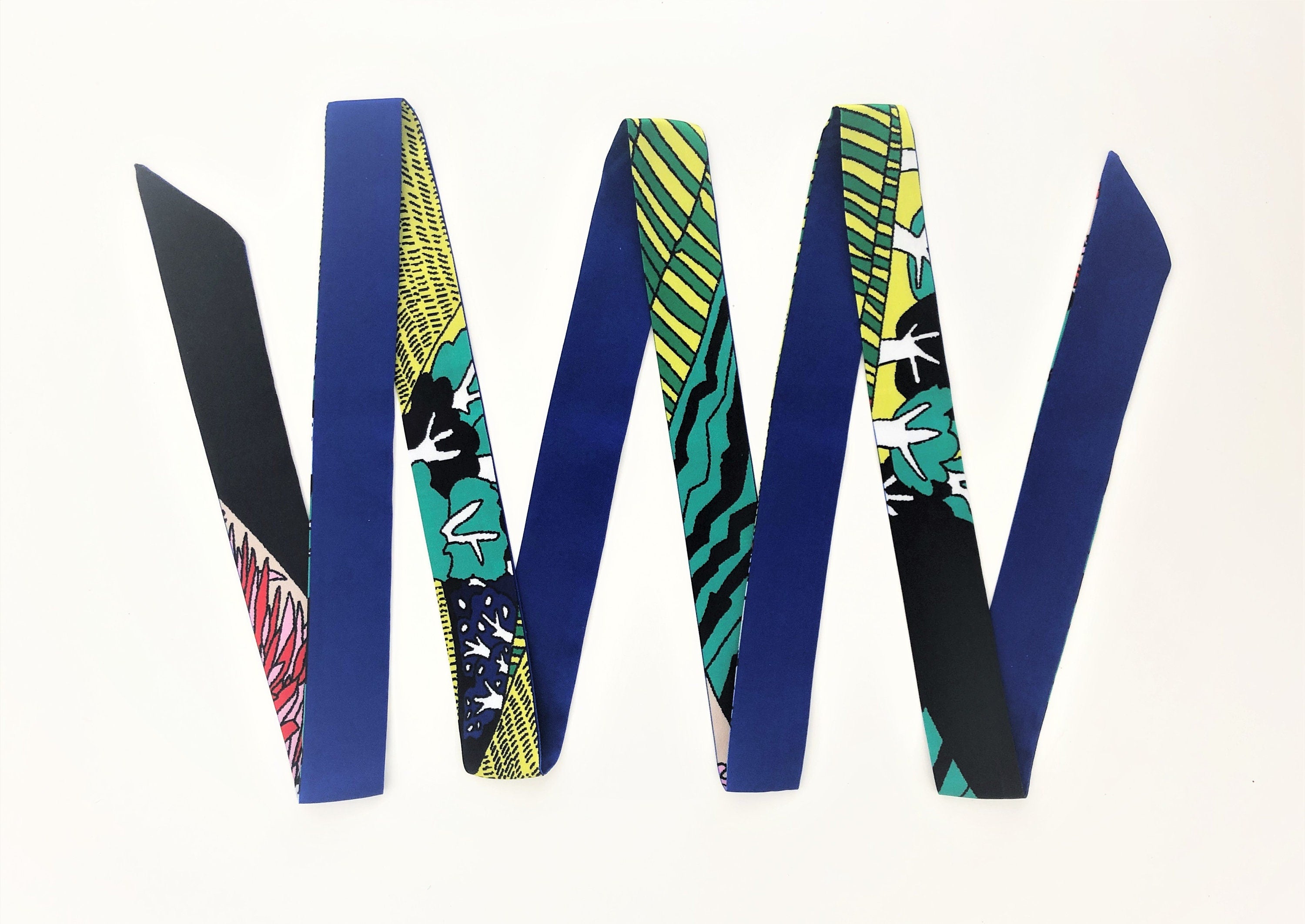 Schmaler seidiger Schal | Twilly Handtasche Griff | Wrap | Tuch | Haarband | Armband | Foulard | Taschenband | Vintage Stil blau grün