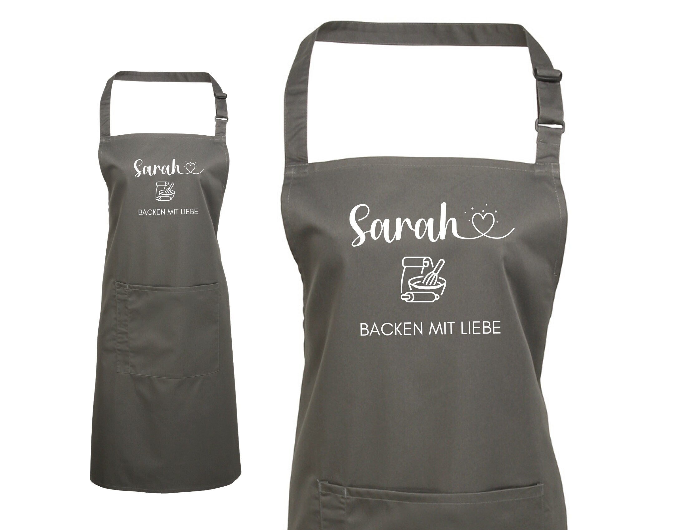 Schürze personalisiert | Backen mit Liebe | Backschürze mit Deinem Namen | One Size | weiß, grau, pink