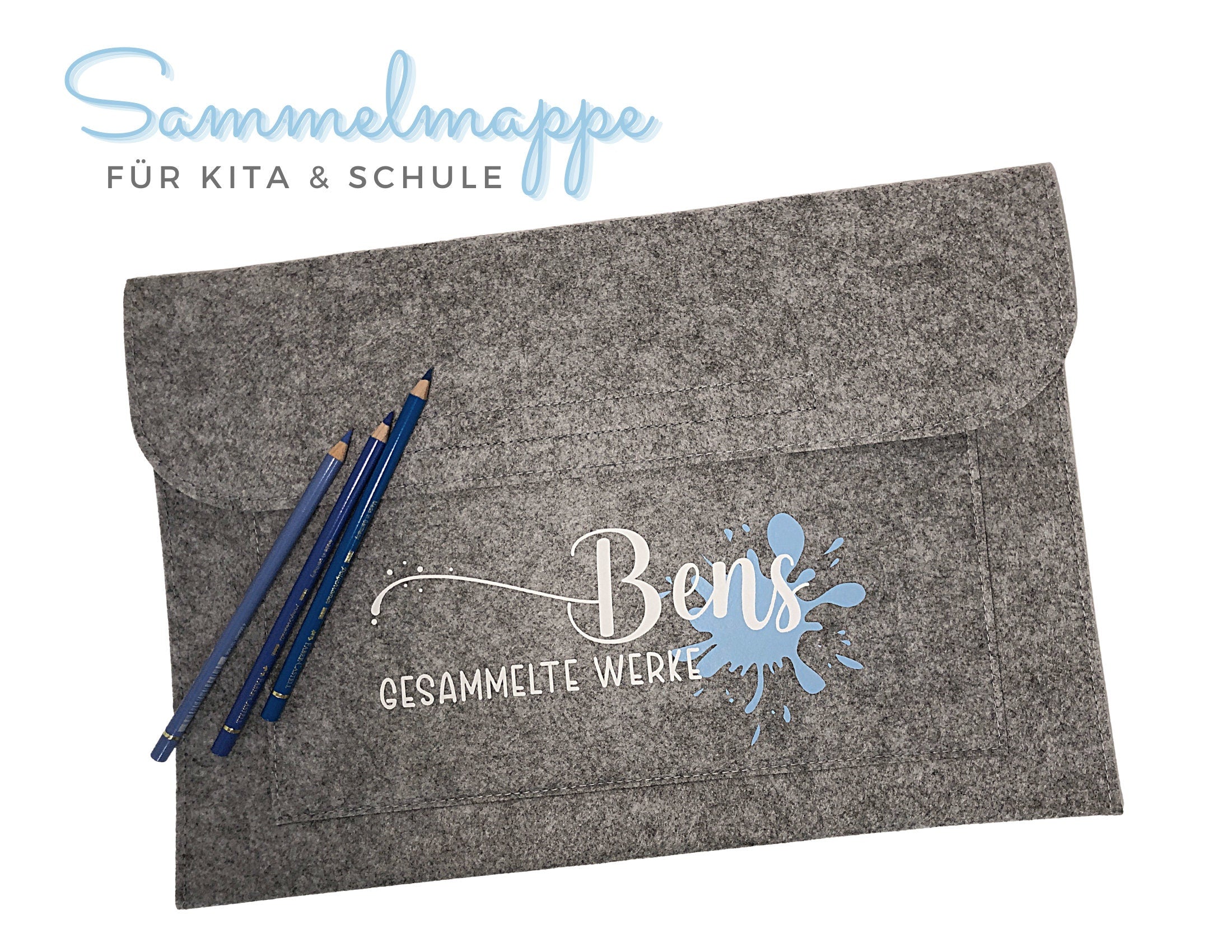 Graue Sammelmappe | personalisierte Filzmappe | passend für DIN A4 | Name des Kindes | Schule | Kita | Kunstwerke Bilder Zeichnungen