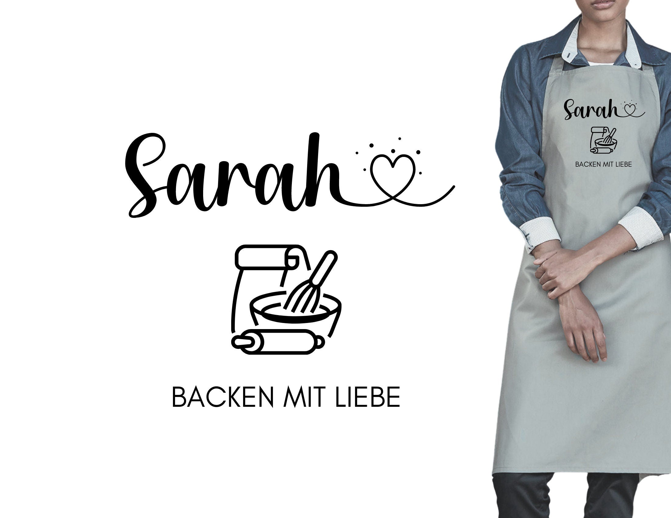 Schürze personalisiert | Backen mit Liebe | Backschürze mit Deinem Namen | One Size | weiß, grau, pink