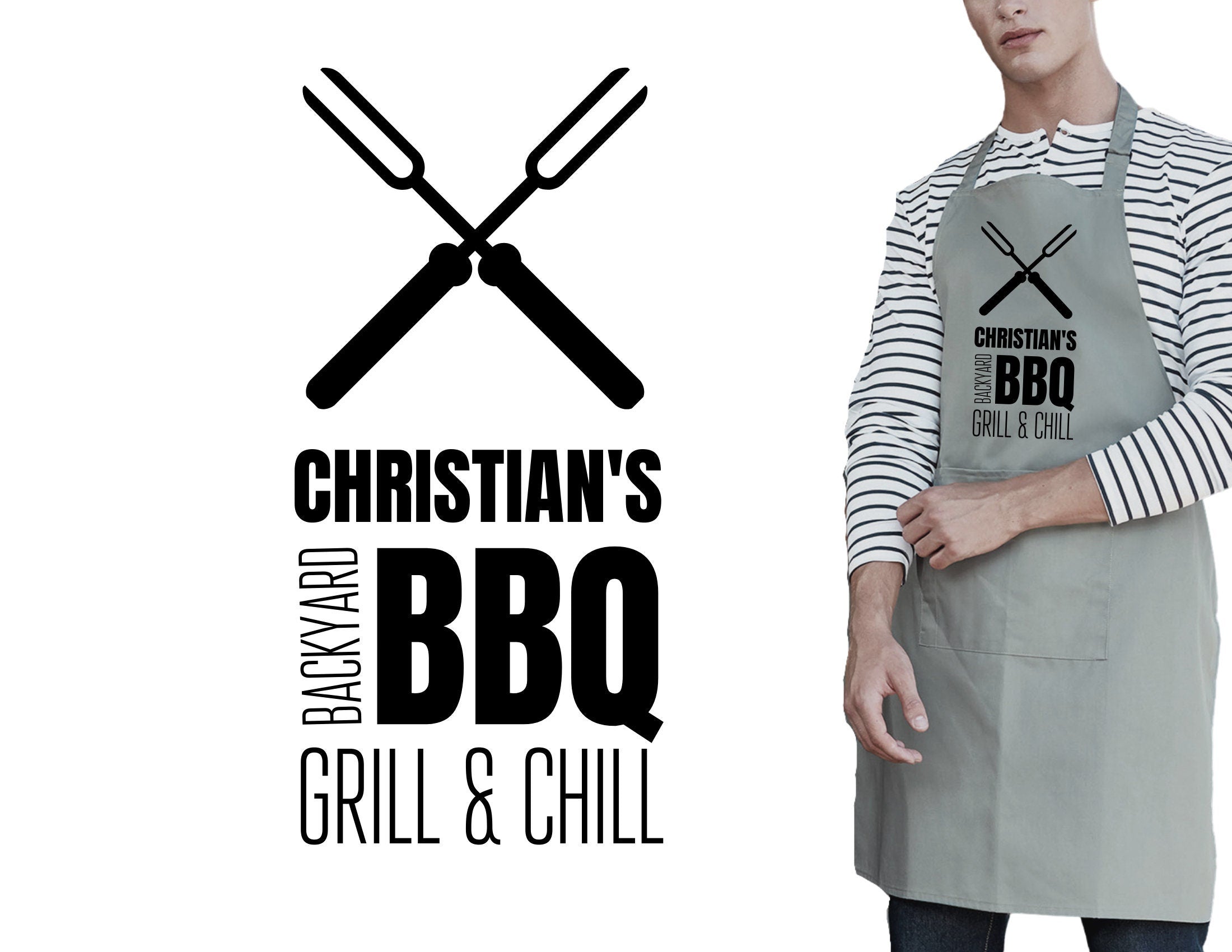 Personalisierte Schürze | Grillen | BBQ Schürze für Männer mit Namen | weiß, grau, schwarz | beschriftet