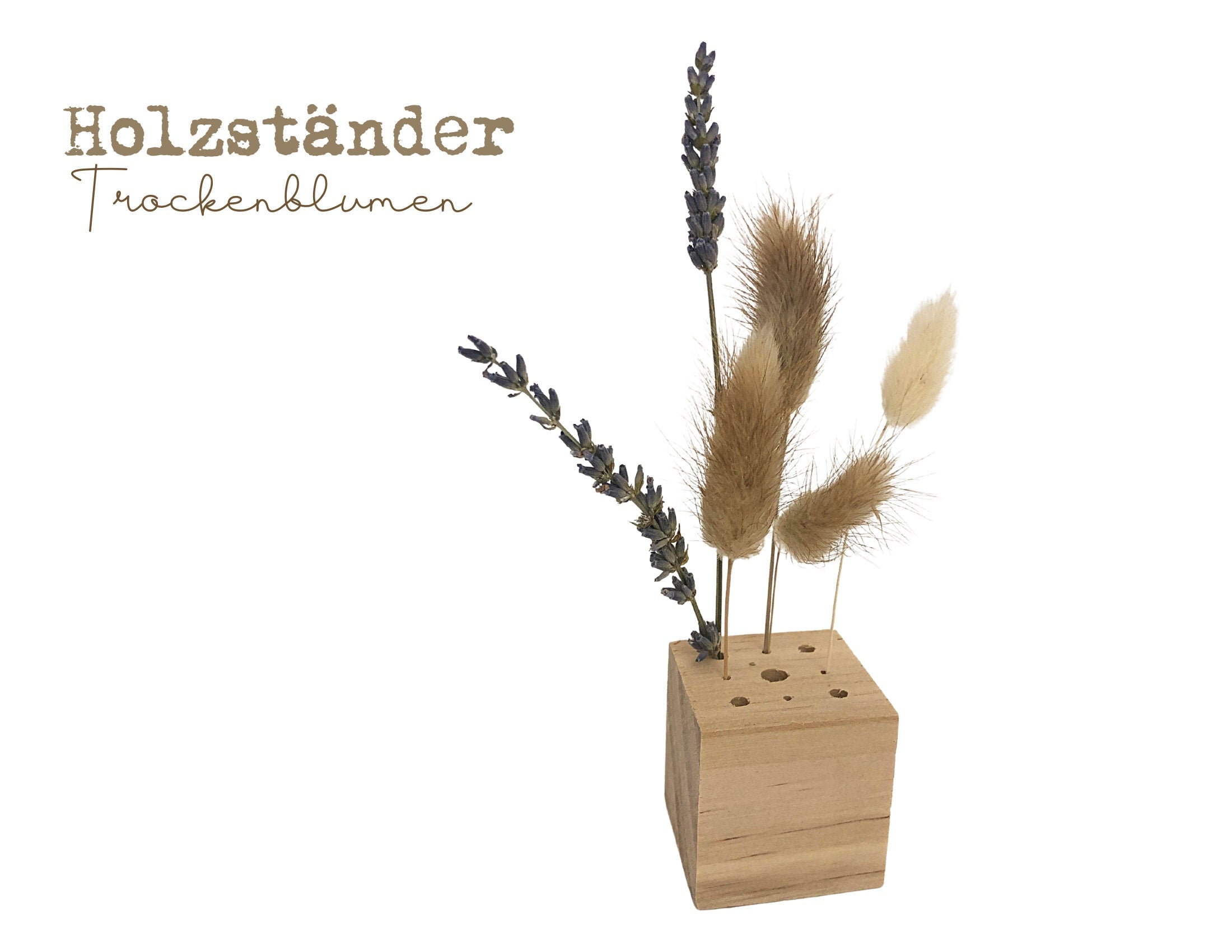 Dried Flowers | Holzwürfel aus Holz | Ständer Trockenblumen Federn | Boho | kleines Geschenk