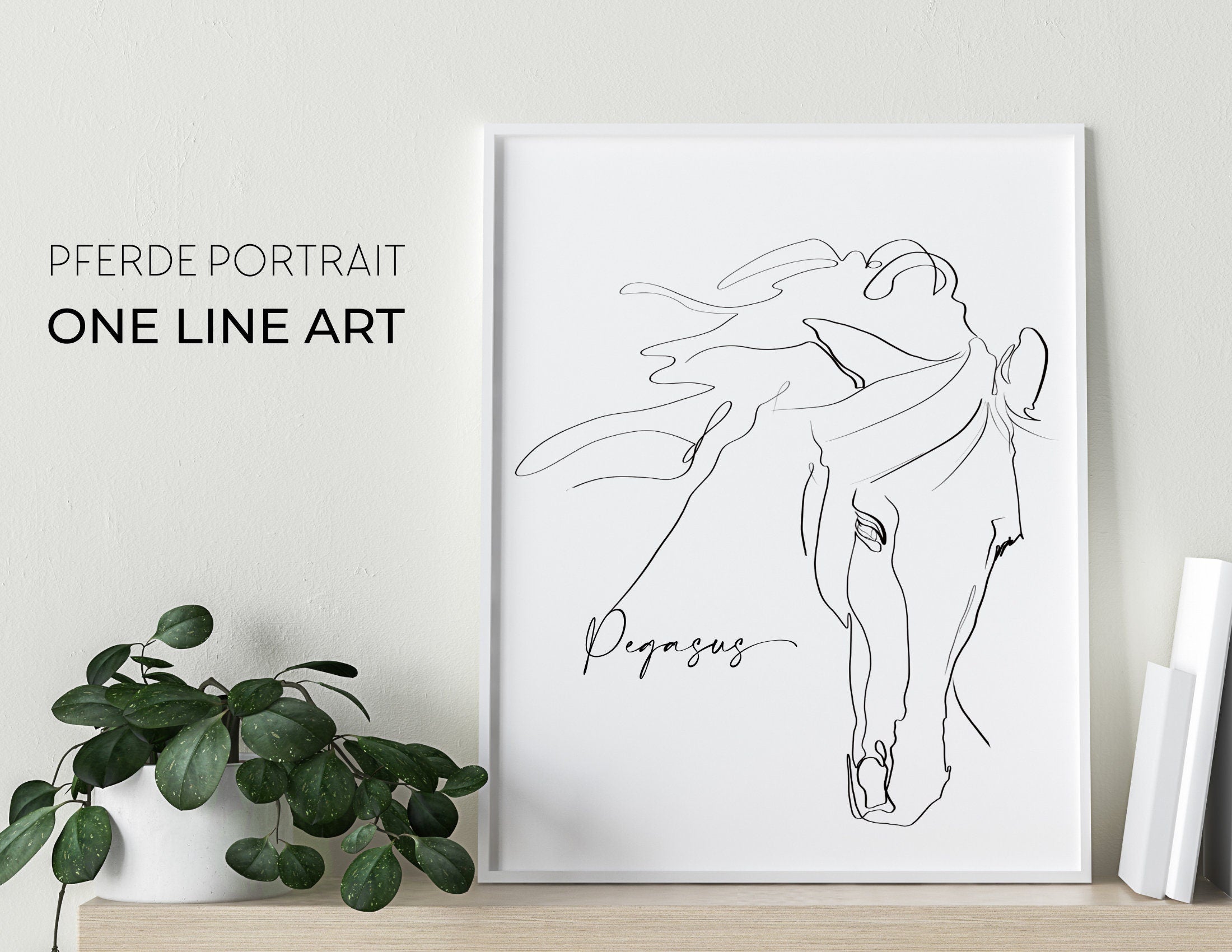 Pferde Portrait nach Foto | One Line Art | Digital Print | Benutzerdefiniertes Bild | gerahmtes Tierportrait | Name | Boho Skandi Stil