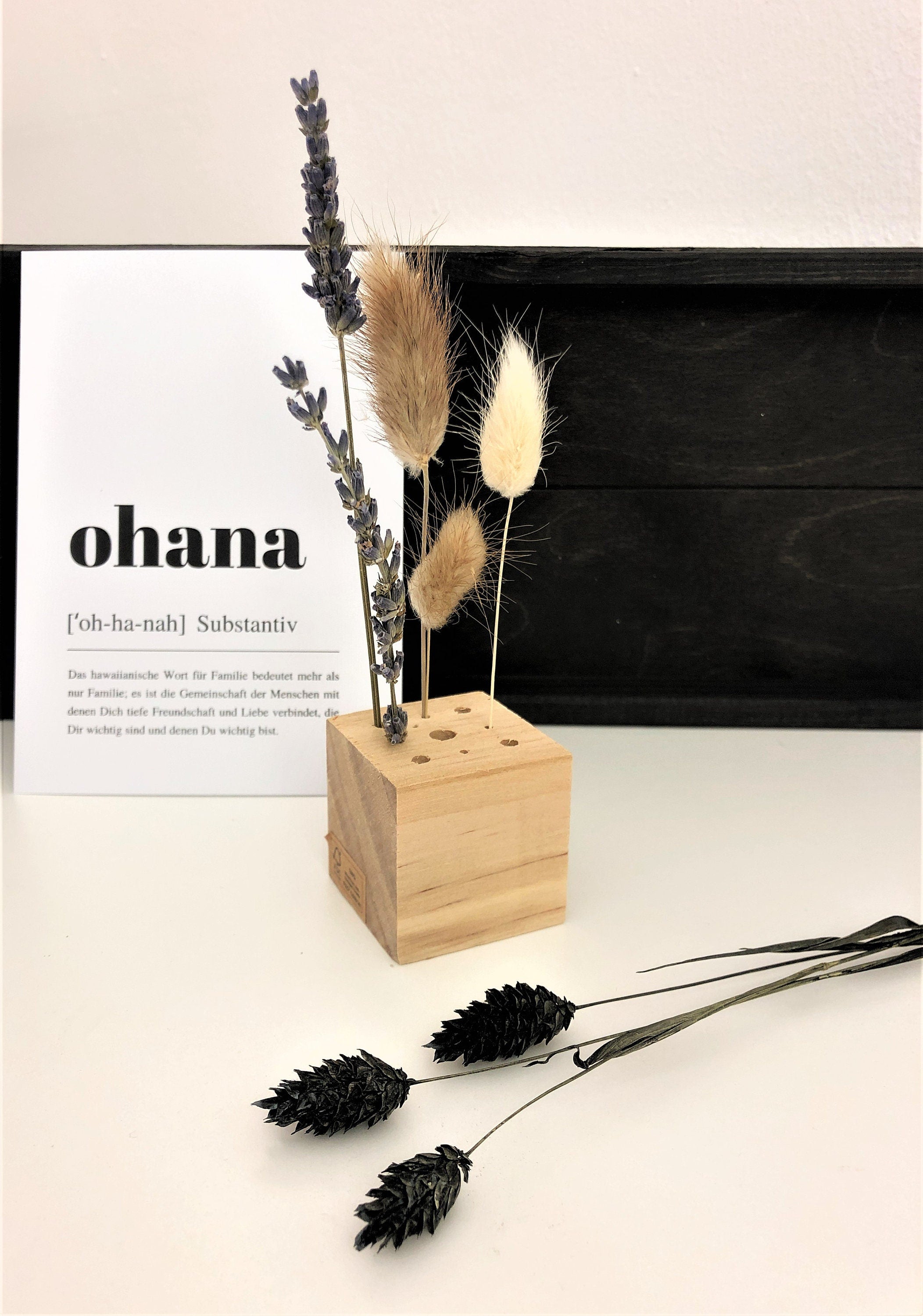 Dried Flowers | Holzwürfel aus Holz | Ständer Trockenblumen Federn | Boho | kleines Geschenk