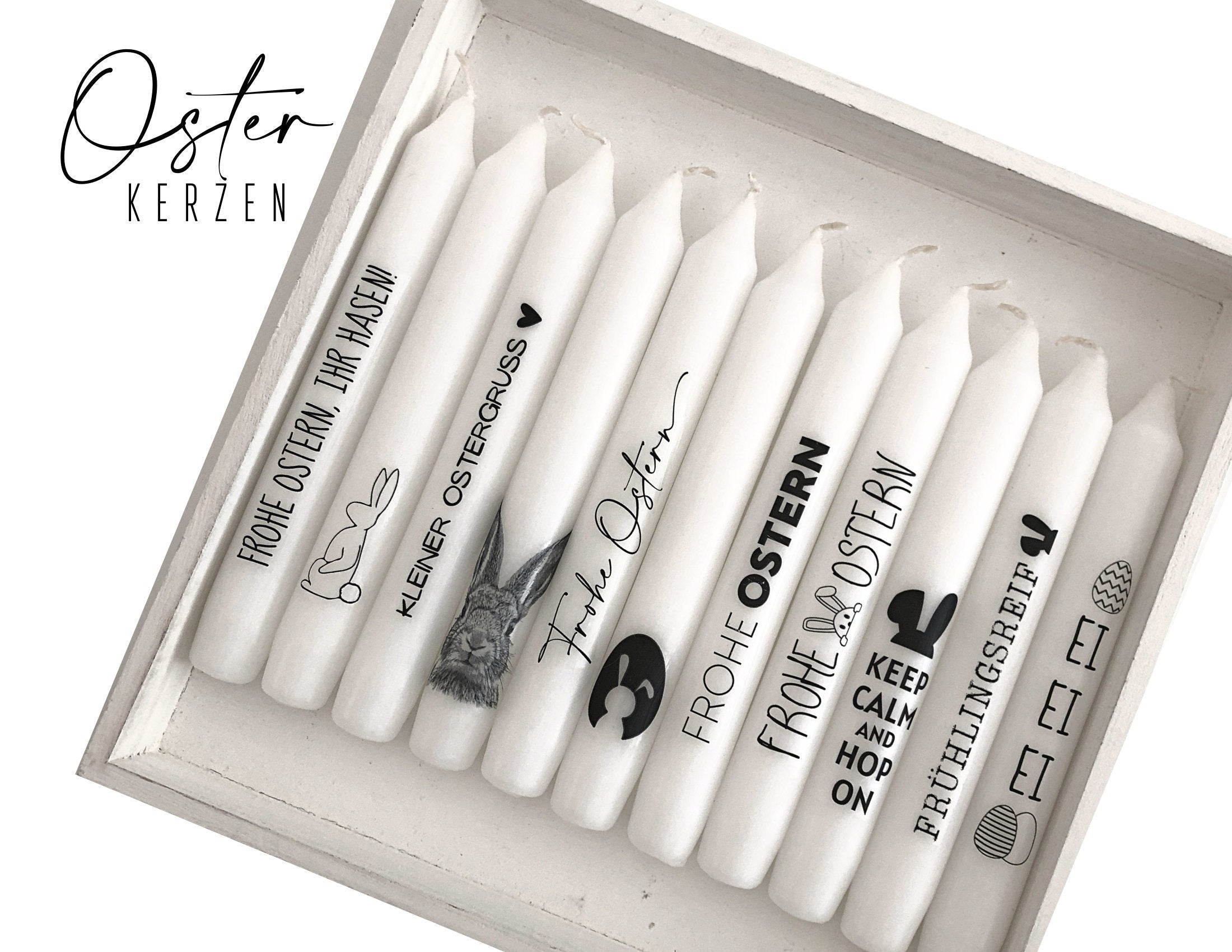 Osterkerzen mit Botschaft | Stabkerzen in schwarz weiß | Ostergrüße Kerzen im 2er- oder 3er-Set - mit Deinen Wunschmotiven