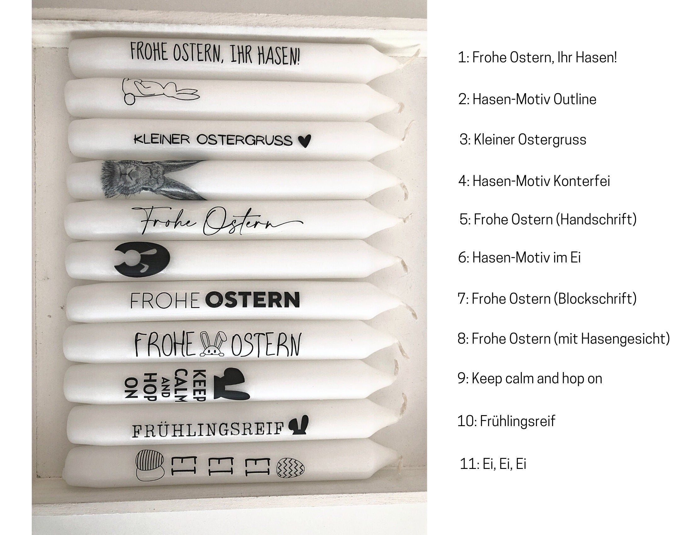 Osterkerzen mit Botschaft | Stabkerzen in schwarz weiß | Ostergrüße Kerzen im 2er- oder 3er-Set - mit Deinen Wunschmotiven