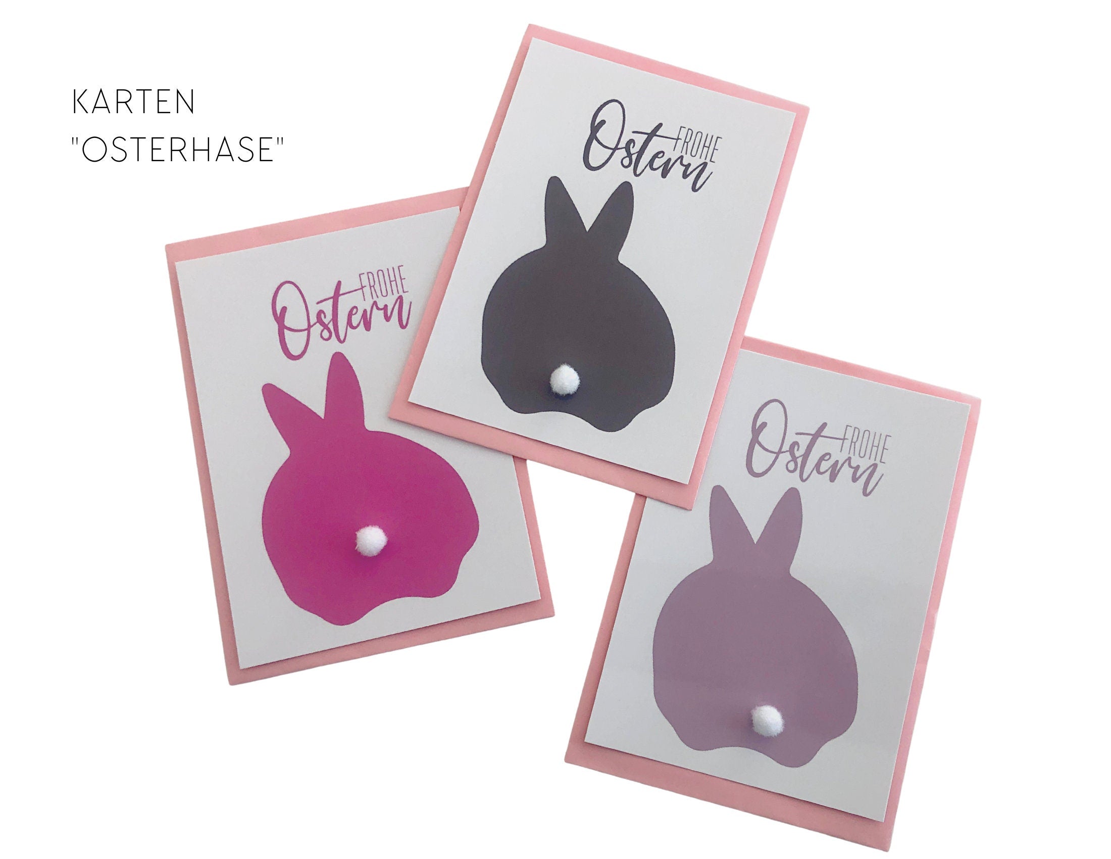 Oster Karten | Ostergruß | Häschen Puschel Filzkugel | Osterhasenkarte im rosa Kuvert
