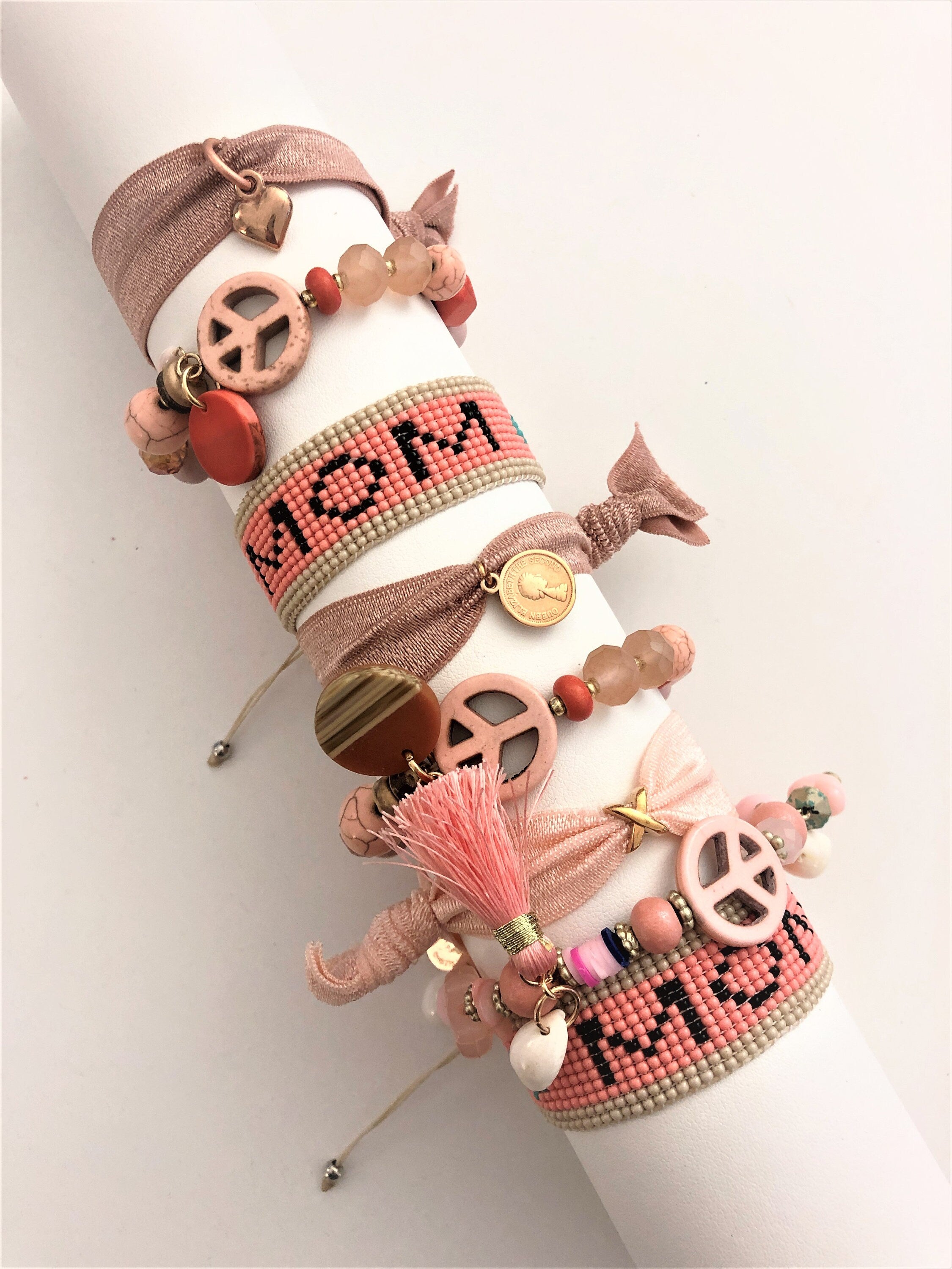 MOM gewebtes Perlenarmband | Ibiza Style | rosa beige schwarz grün | verstellbar | Geschenk Muttertag