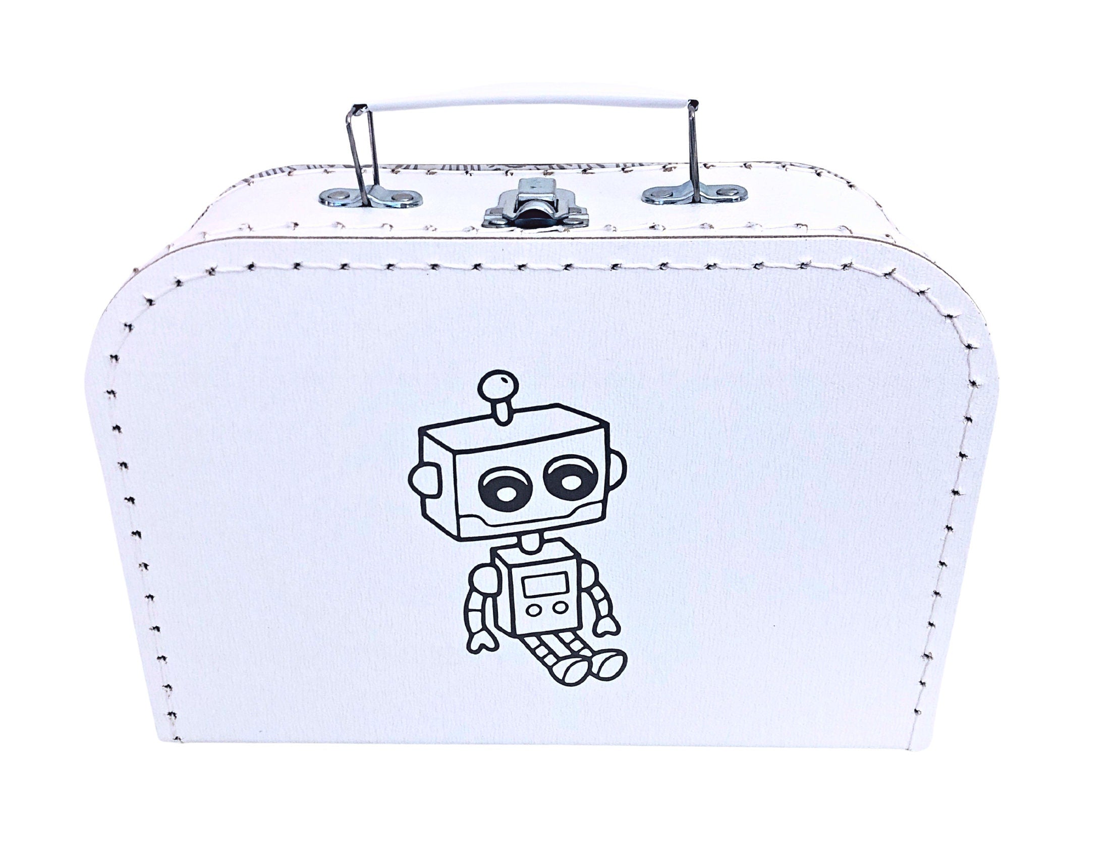 Kleiner weißer Kinderkoffer | Roboter | Pappkoffer für Spielzeug | Geschenk Kindergartenkind Schulkind