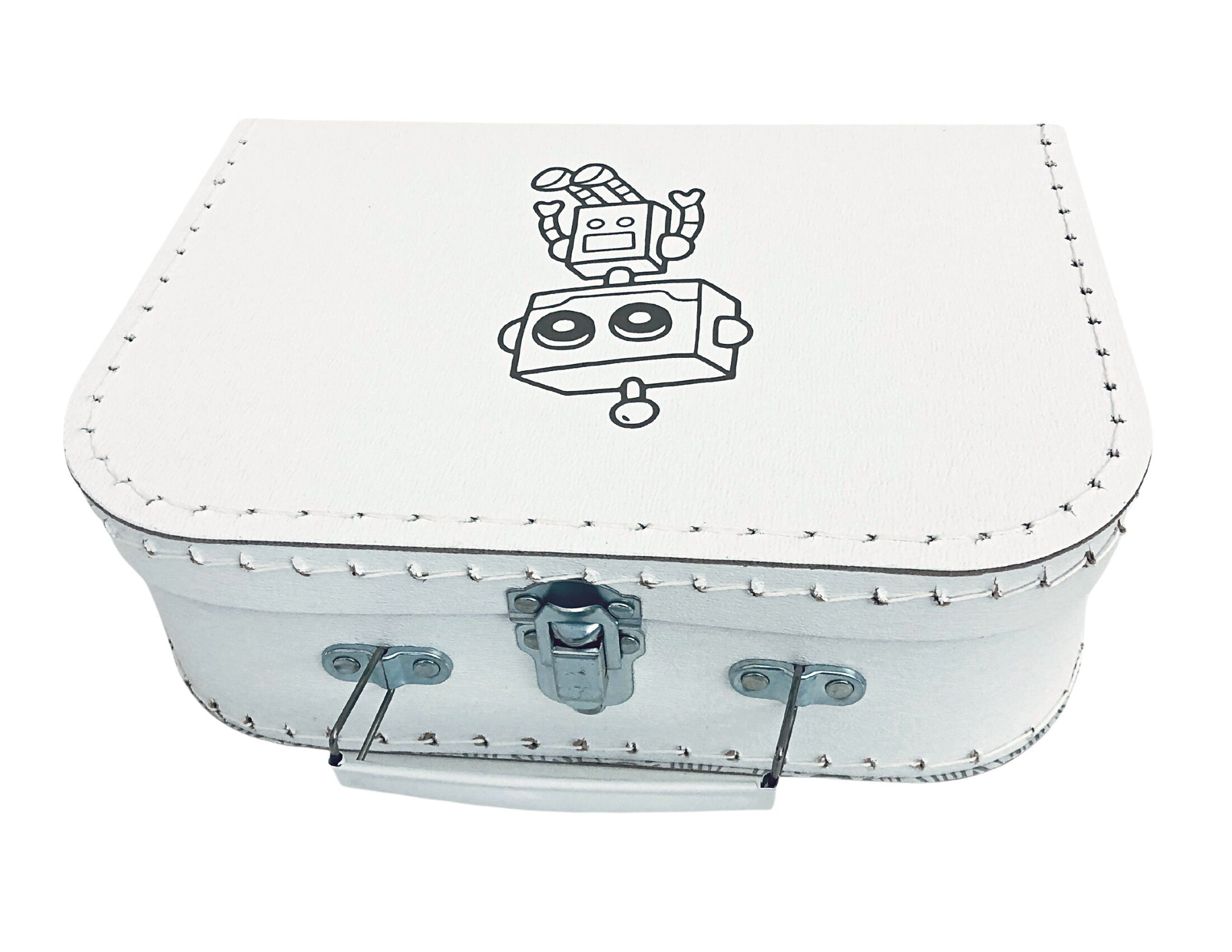 Kleiner weißer Kinderkoffer | Roboter | Pappkoffer für Spielzeug | Geschenk Kindergartenkind Schulkind