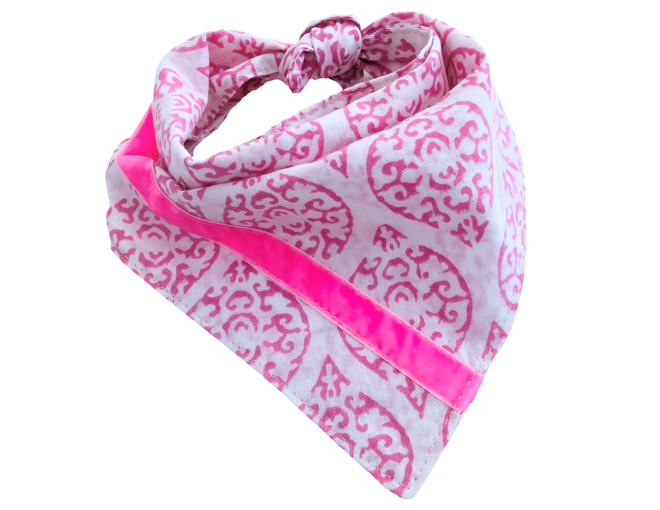 Weiß pinkes Hunde Halstuch | Bandana zum Wenden | Ethnomuster | Dreieckstuch zum Binden | Samtband | Gr. S