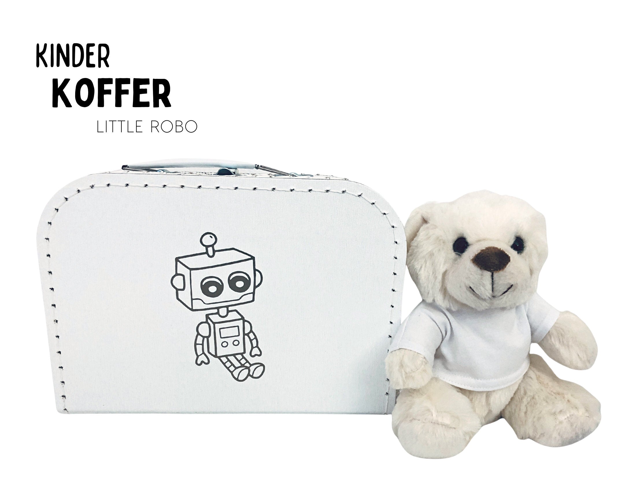 Kleiner weißer Kinderkoffer | Roboter | Pappkoffer für Spielzeug | Geschenk Kindergartenkind Schulkind