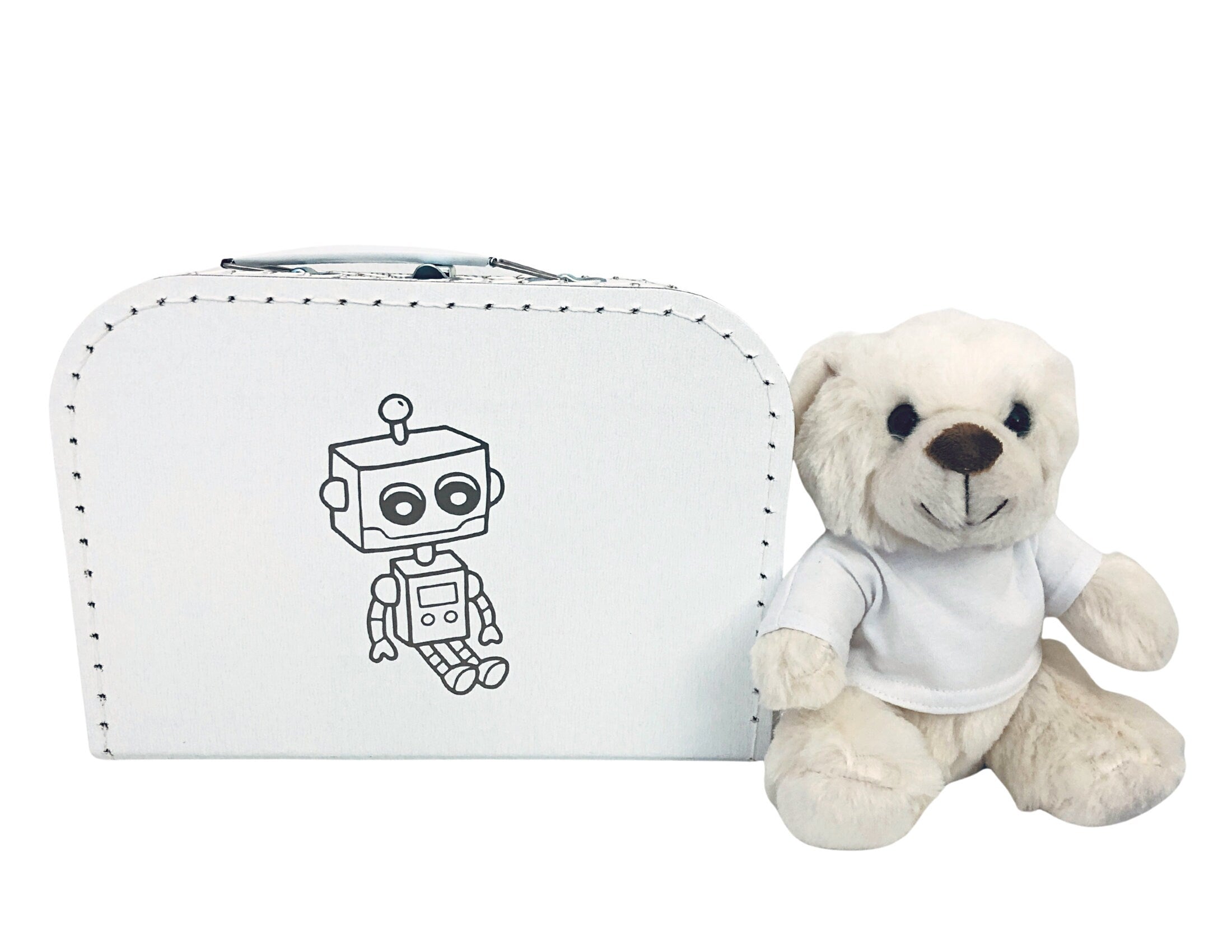 Kleiner weißer Kinderkoffer | Roboter | Pappkoffer für Spielzeug | Geschenk Kindergartenkind Schulkind