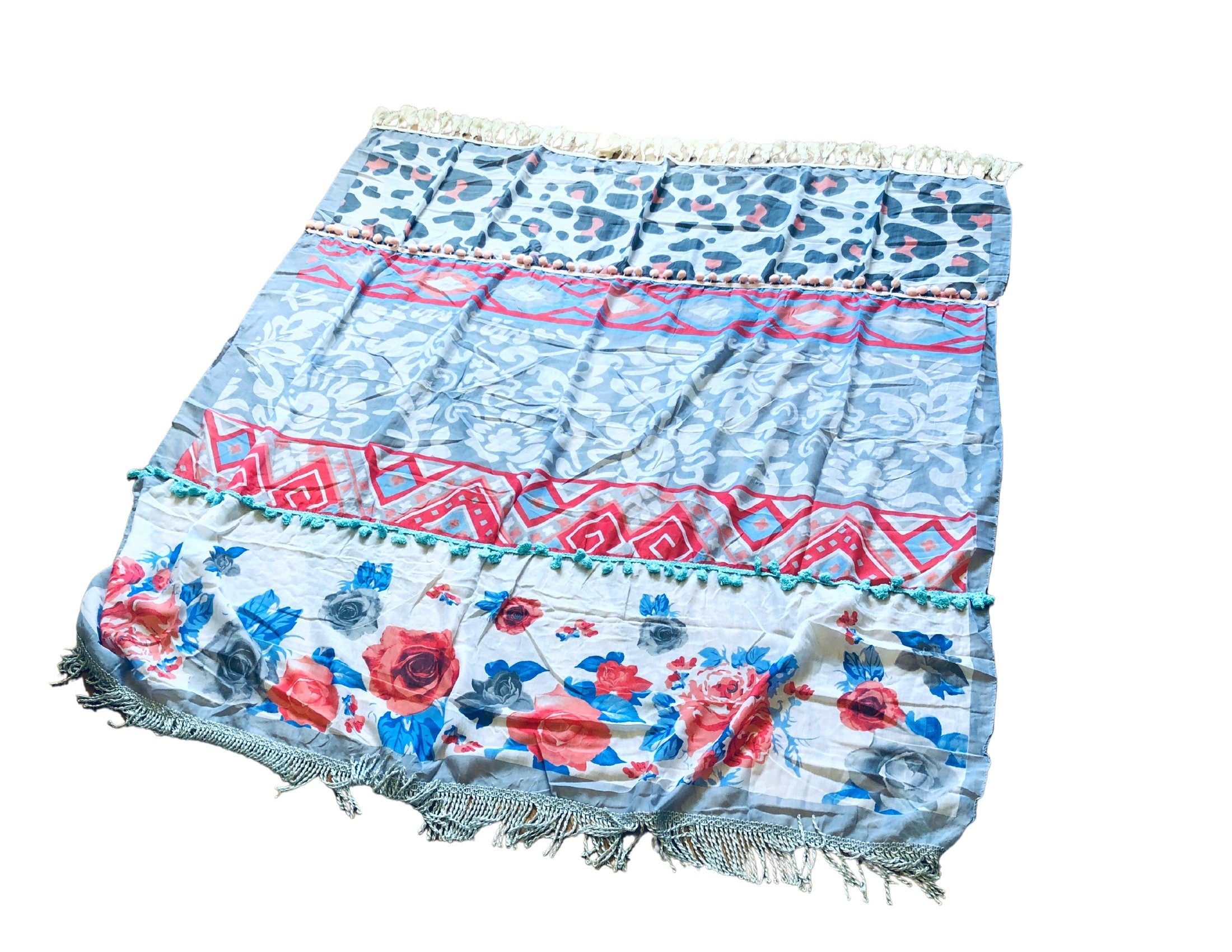 Bunter Pareo im Boho-Style | türkis rosa blau | Fransen | Bommel | Leomuster | Blumen | Ibiza Style
