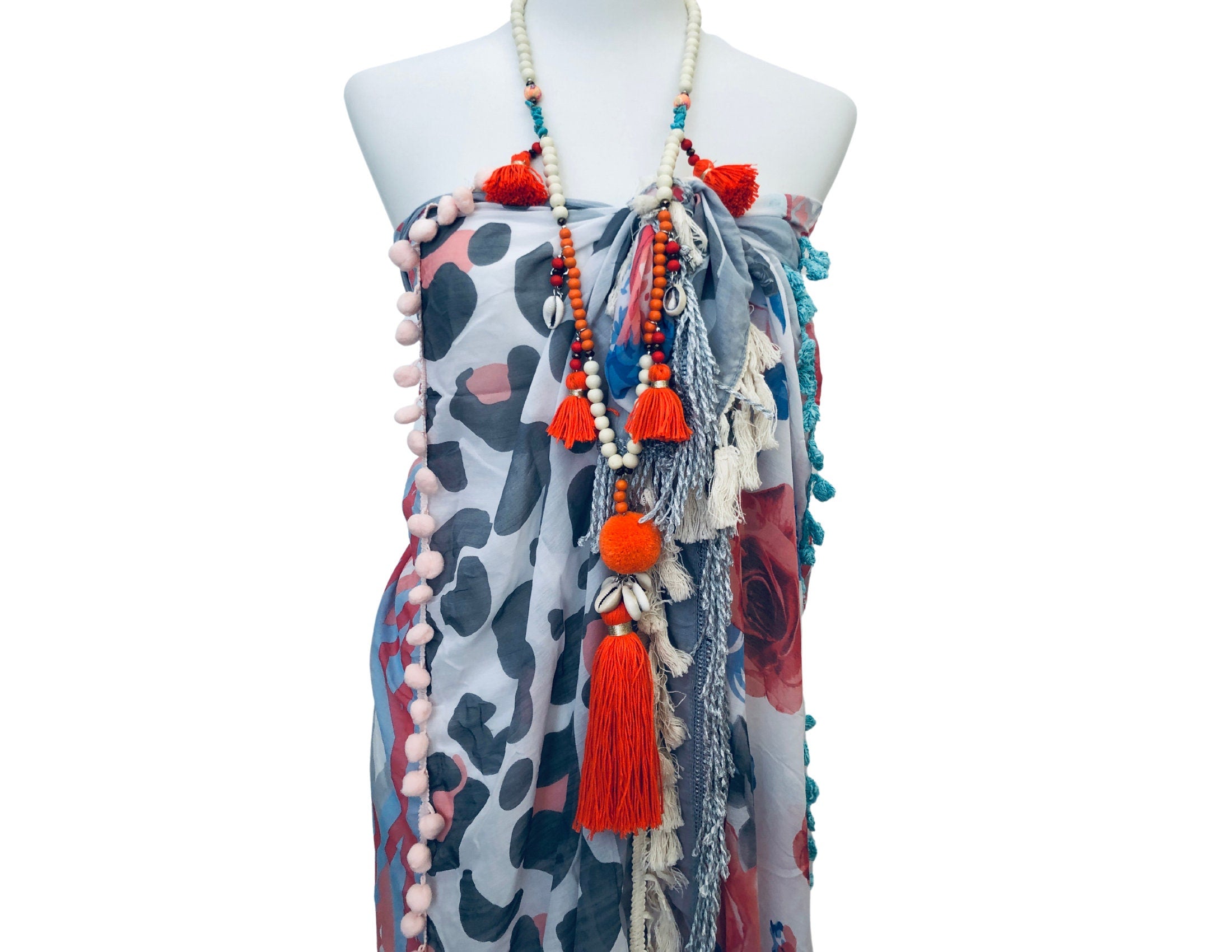 Bunter Pareo im Boho-Style | türkis rosa blau | Fransen | Bommel | Leomuster | Blumen | Ibiza Style