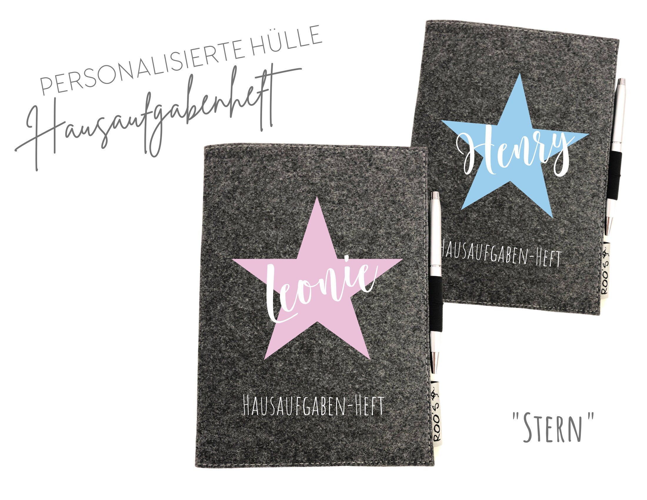 Geschenk Schulanfang | personalisierte Hülle für Hefte | Hausaufgabenheft | Stern | Name Schulkind | grauer Filz | DIN A5