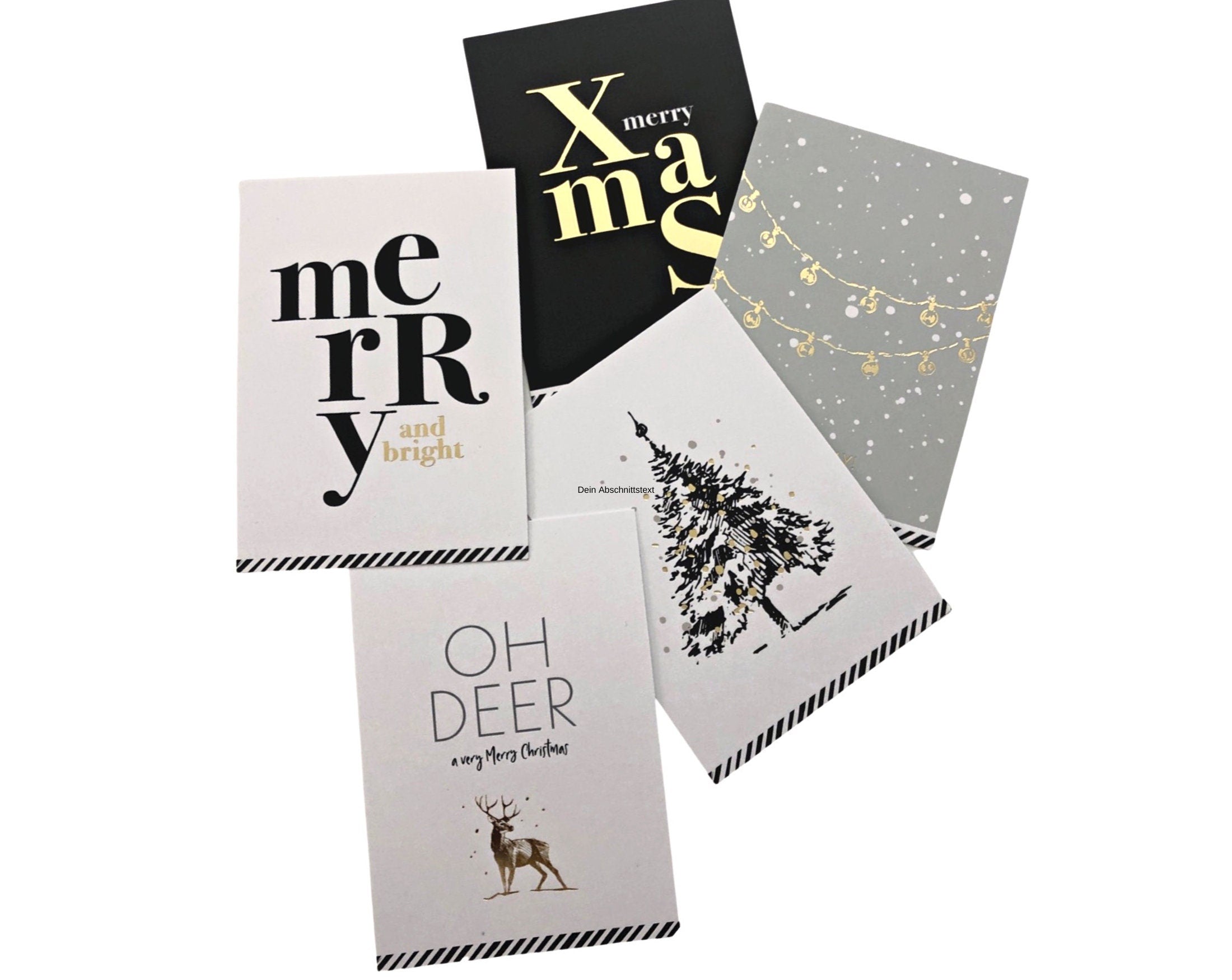 Weihnachtskarten Set | 5 Motive | schwarz weiß gold | fünf Karten xmas | mit oder ohne Umschlag
