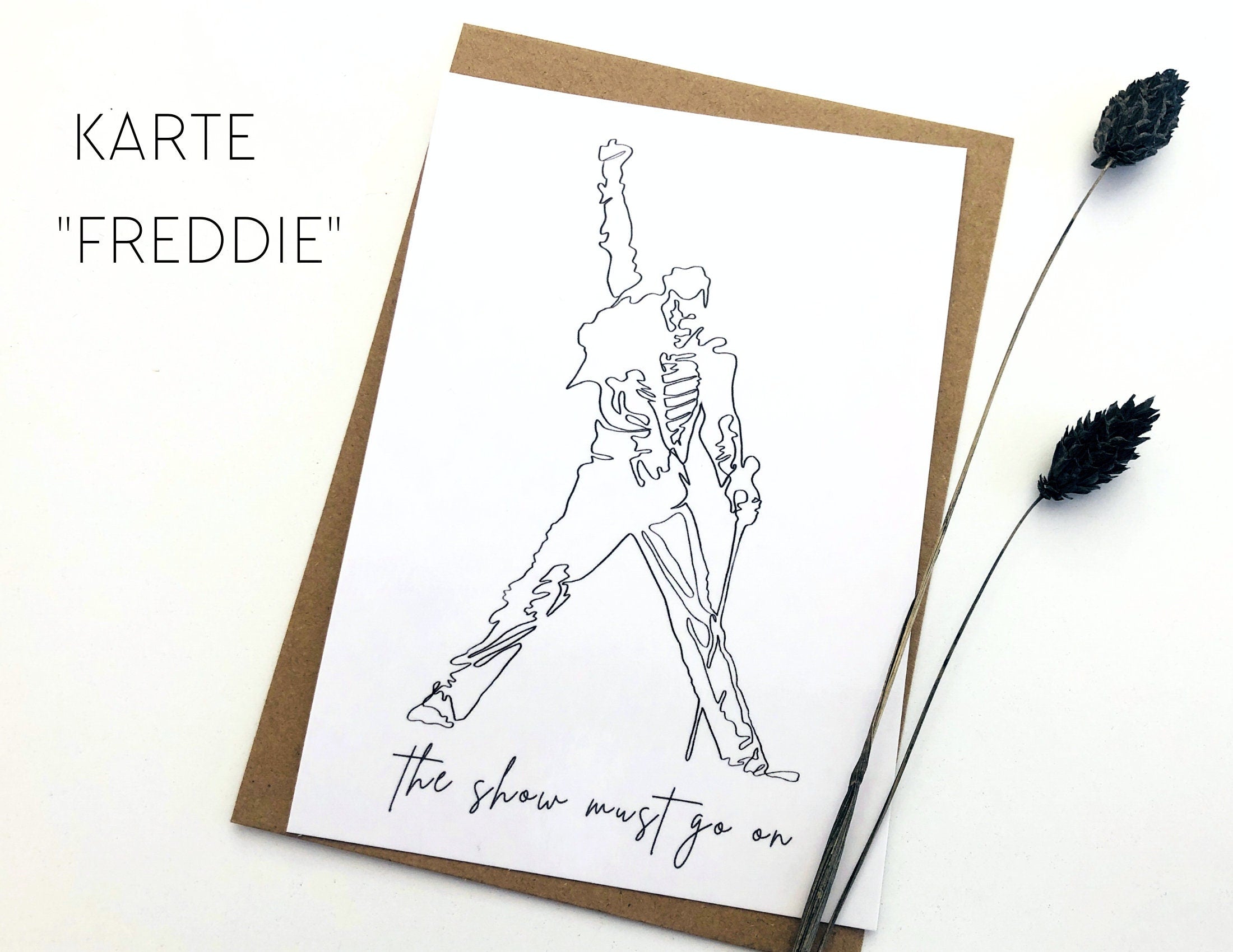 Karte | Freddie Mercury | The Show must go on | One Line Art | A6 | Kraftpapierumschlag