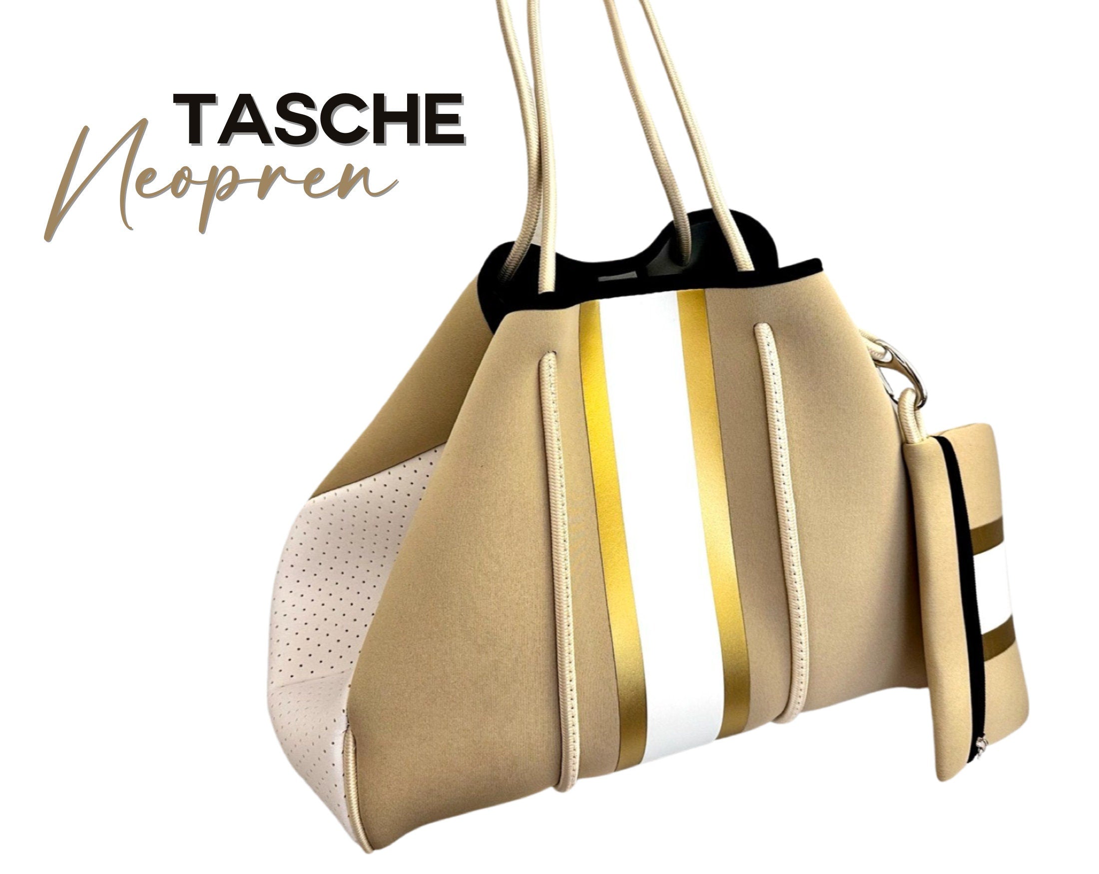 Tasche | Neopren | beige weiß gold | Streifen