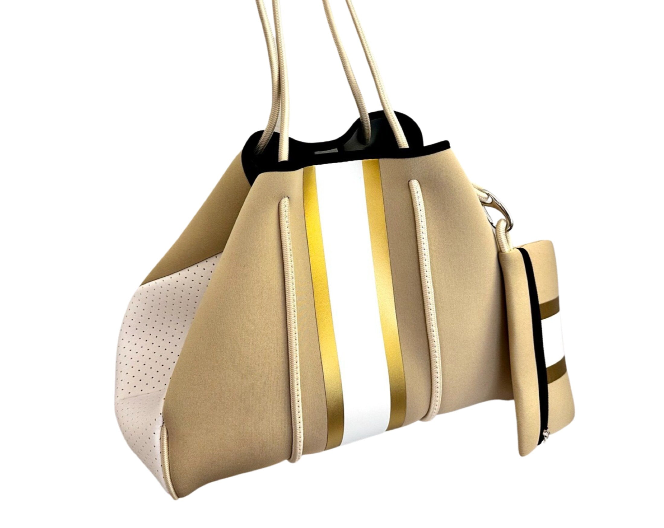 Tasche | Neopren | beige weiß gold | Streifen