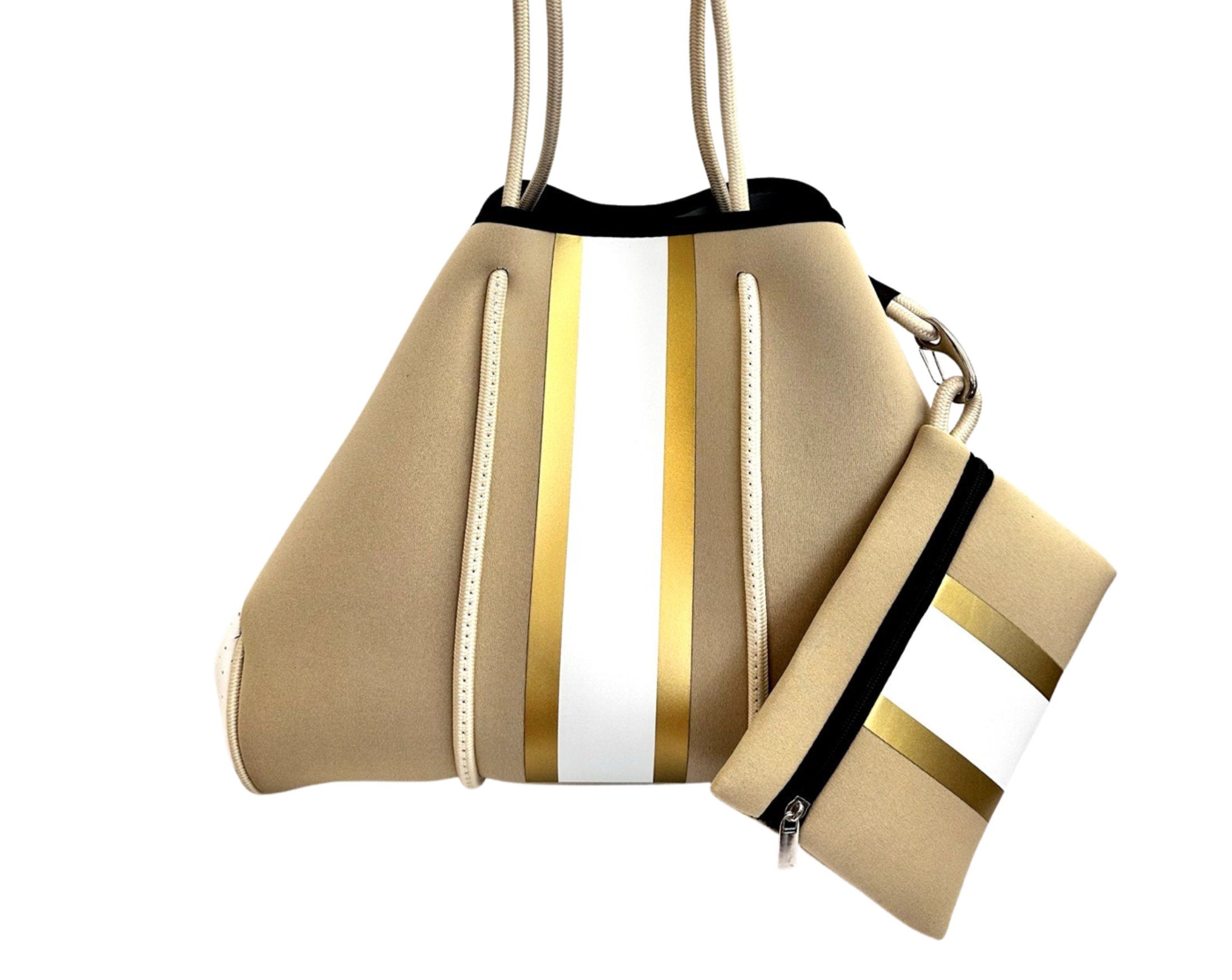 Neopren Tasche | Strandtasche | beige weiß gold | Streifen