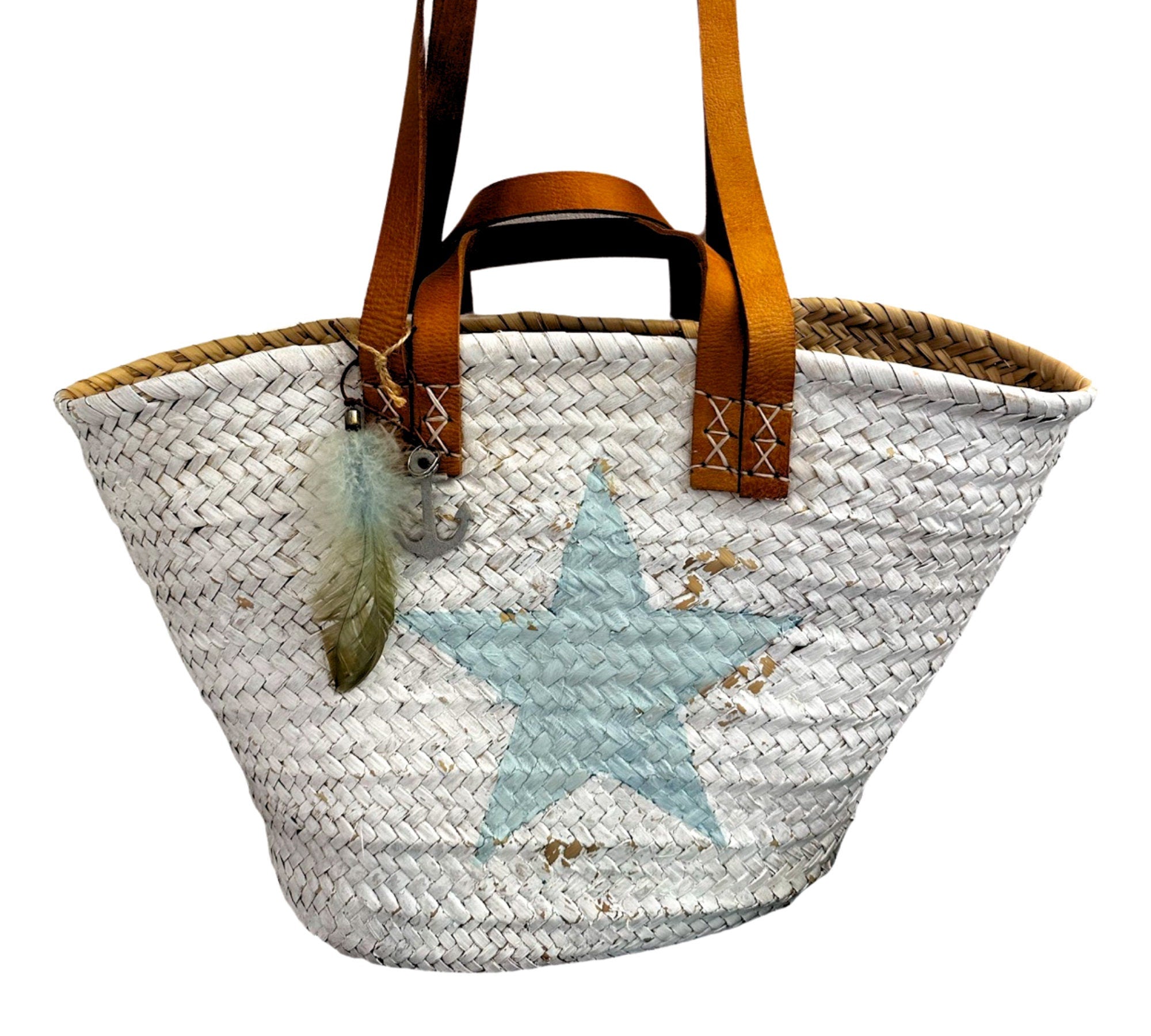 Weiße Basttasche | Strohtasche handbemalt | Stern türkis | Lederhenkel | Boho Strandtasche Hippie Look